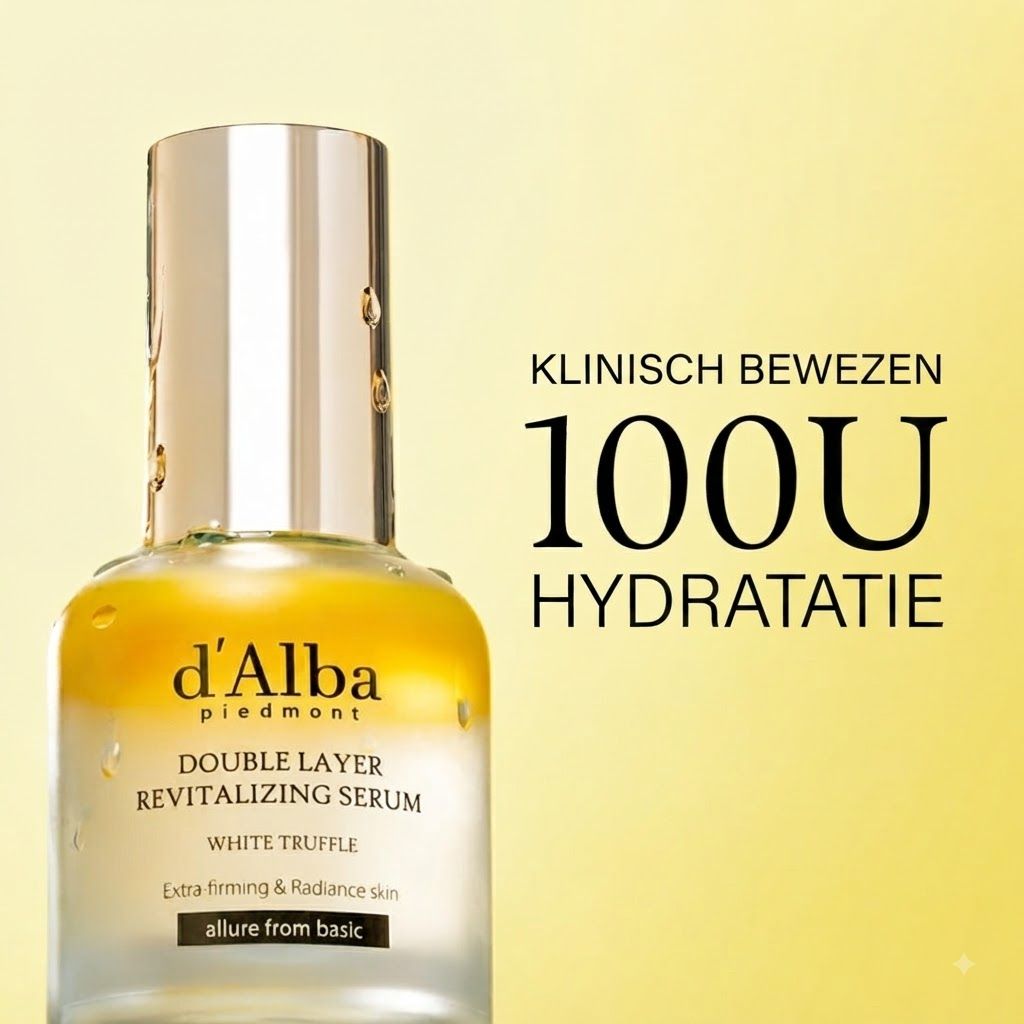 Fles d'Alba Piedmont Double Layer Revitalizing Serum met witte truffel. Klinisch bewezen 100U hydratatie.