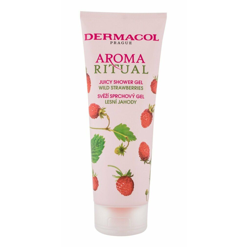 Tube rose avec illustrations de fraises. Texte: DERMACOL, AROMA RITUAL, Juicy Shower Gel Wild Strawberries, SVEŽÍ SPRCHOVÝ GEL, LESNÍ JAHODY.