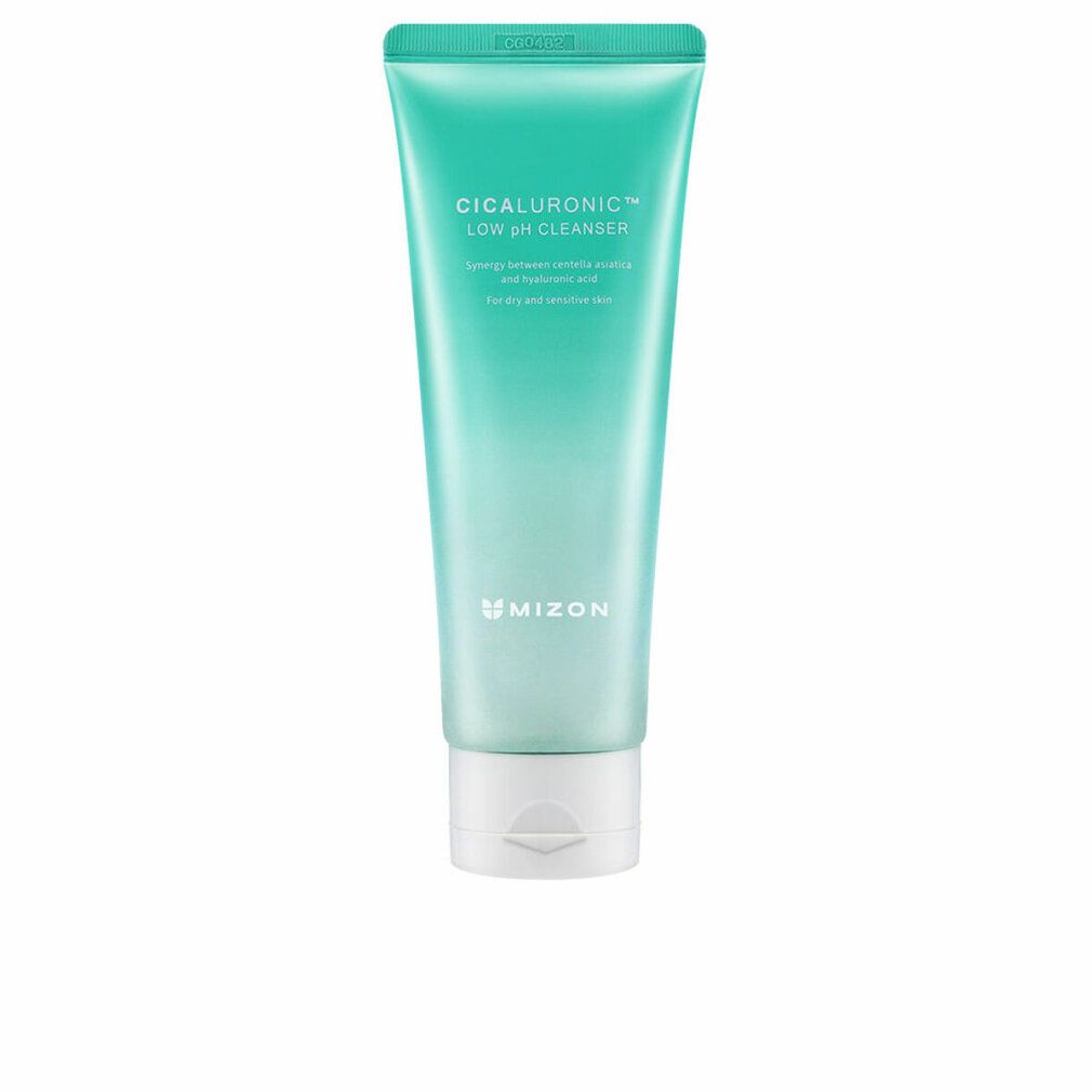 Een tube met productnaam. Groen-witte kleurstelling. Witte sluiting. Tekst: Cicaluronic Low pH Cleanser.