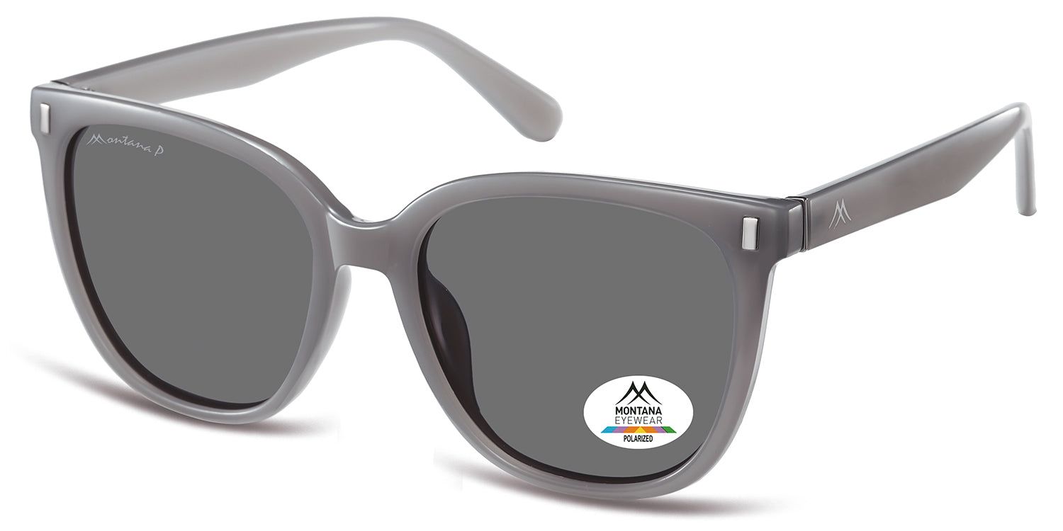 Lunettes de soleil grises avec verres foncés. Logo Montana Eyewear sur la monture. Autocollant polarisé sur la lentille.