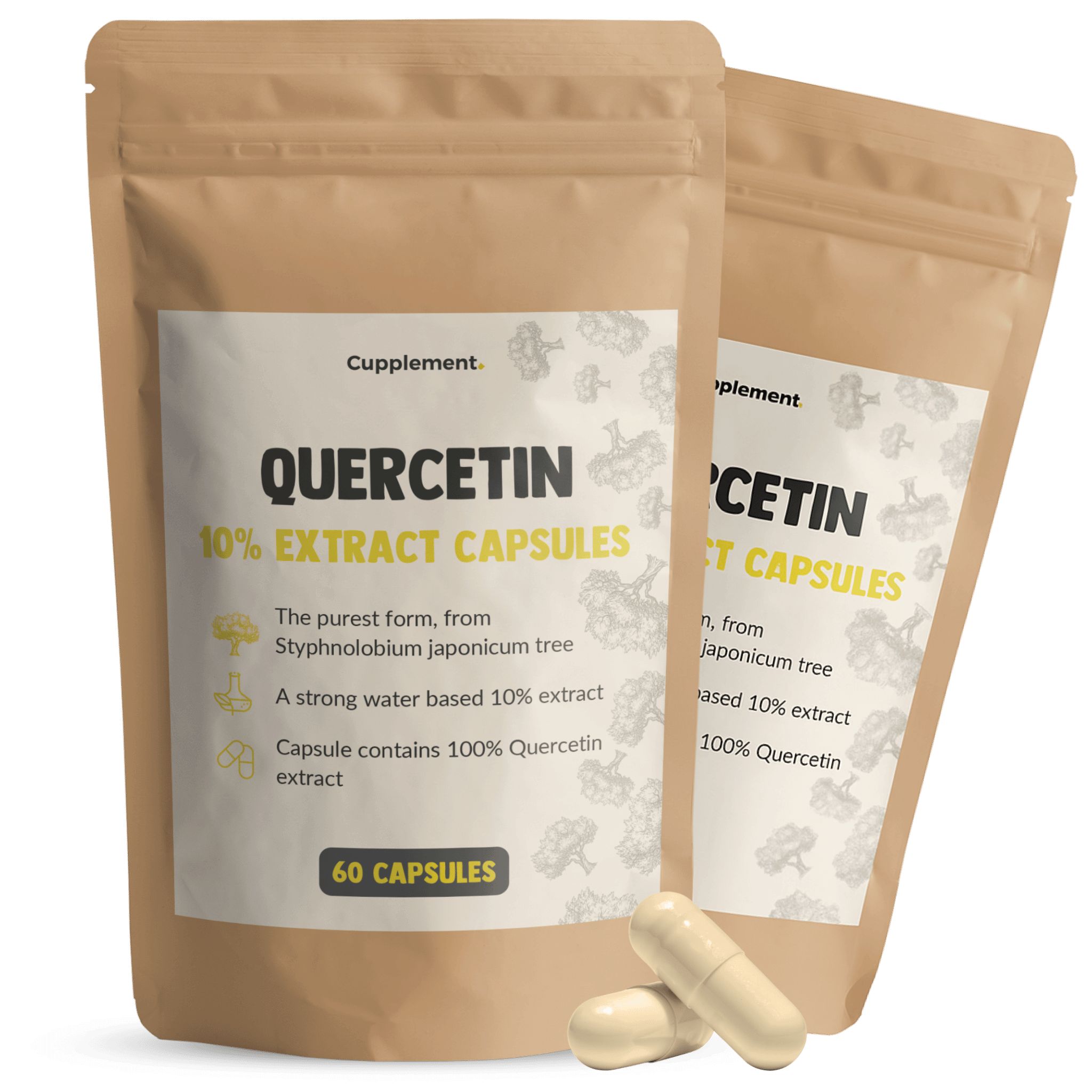 Deux sachets de gélules de quercétine. Inscription : Quercétine 10% extrait gélules. 60 gélules. Deux gélules à côté.
