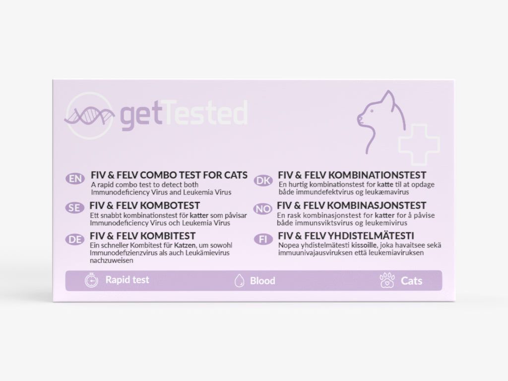 Boîte GetTested FIV & FeLV Kombitest. Texte en anglais, suédois, allemand, danois, norvégien et finnois.