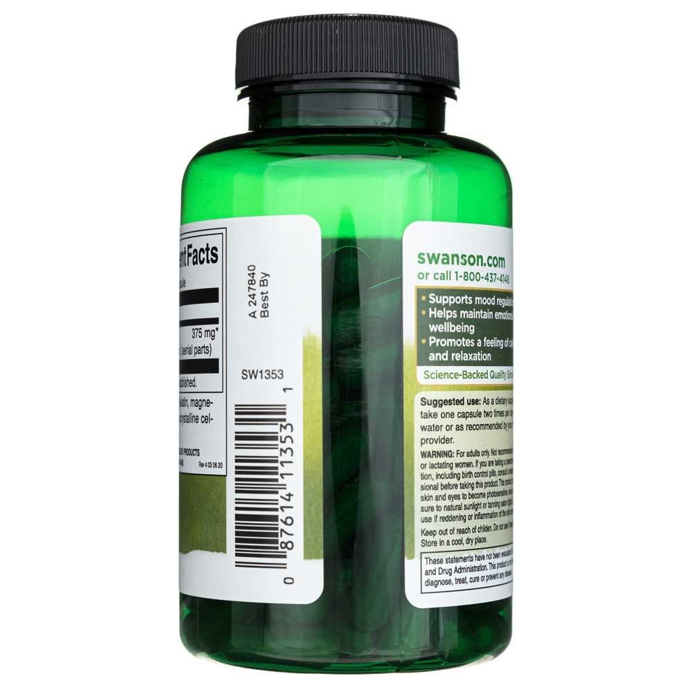 Arrière de la gélule verte : Supplement Facts, St. John's Wort 375 mg, 120 gélules.