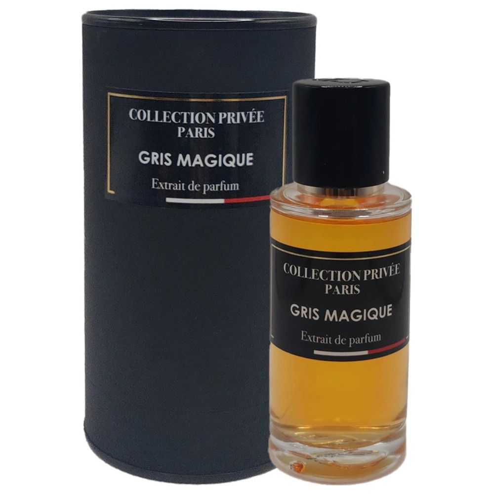 Flacon de parfum et emballage cylindrique. Inscription: COLLECTION PRIVÉE PARIS, GRIS MAGIQUE, Extrait de parfum. Bouchon noir.