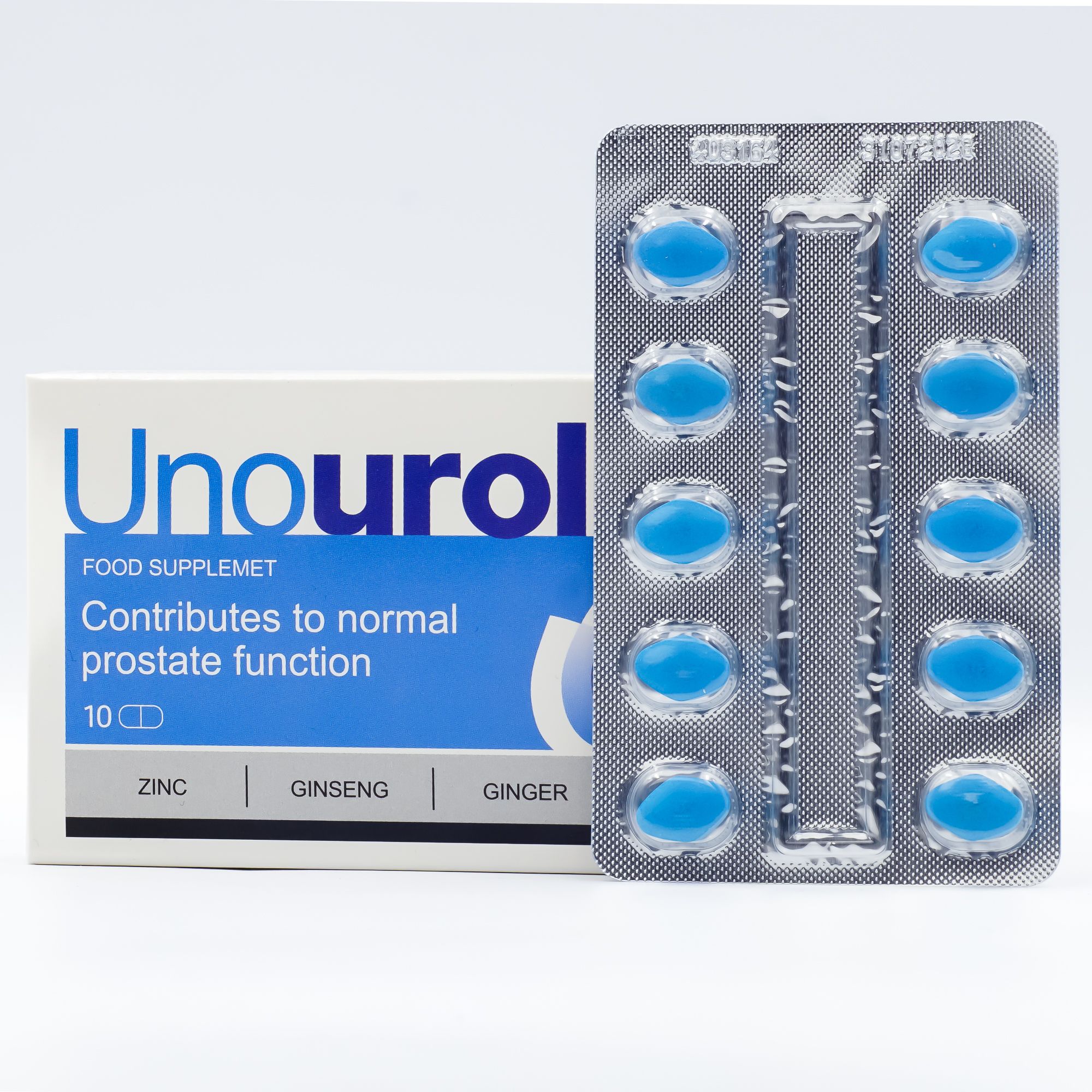 Doos en blisterverpakking met blauwe capsules. Opschrift: Unourol, voedingssupplement voor prostaatfunctie. Bevat 10 capsules.