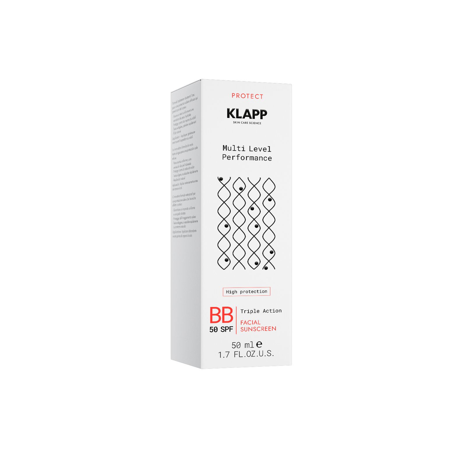 Emballage blanc Klapp. Inscription: Multi Level Performance, BB 50 SPF, Triple Action Facial Sunscreen.