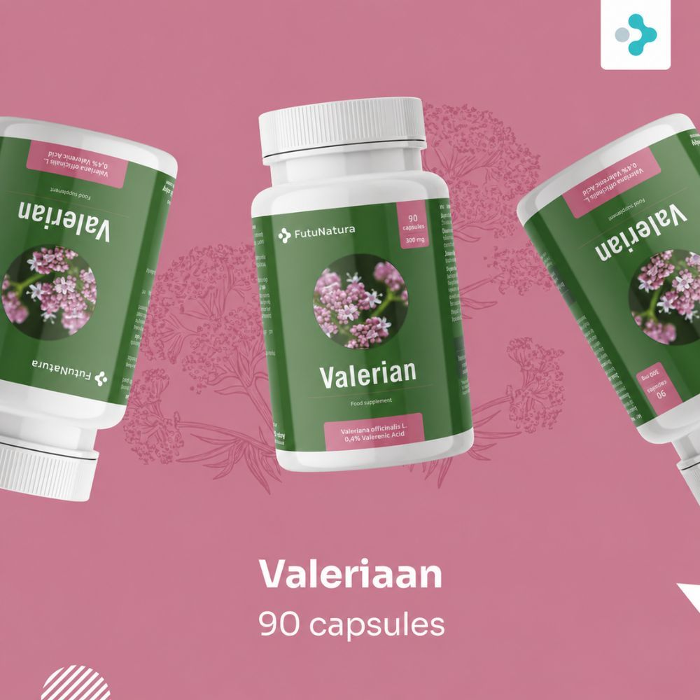 Drie flessen valeriaan capsules op een achtergrond met valeriaanbloemen.