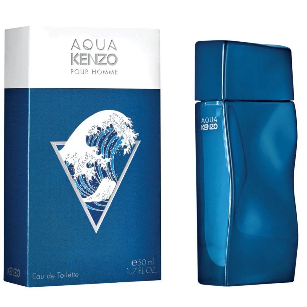 Flacon et boîte Kenzo Aqua Pour Homme Eau de Toilette avec motif de vague.