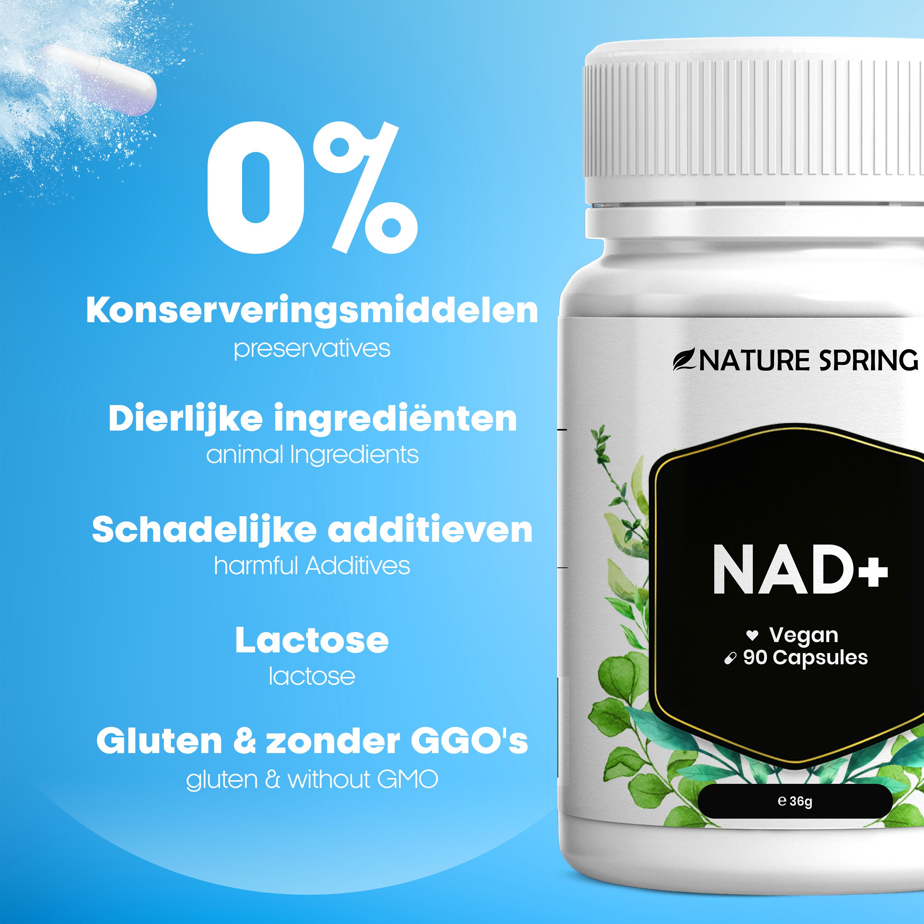 NATURE SPRING NAD+ Capsules: Vrij van conserveermiddelen, dierlijke ingrediënten, lactose, gluten & GGO's.