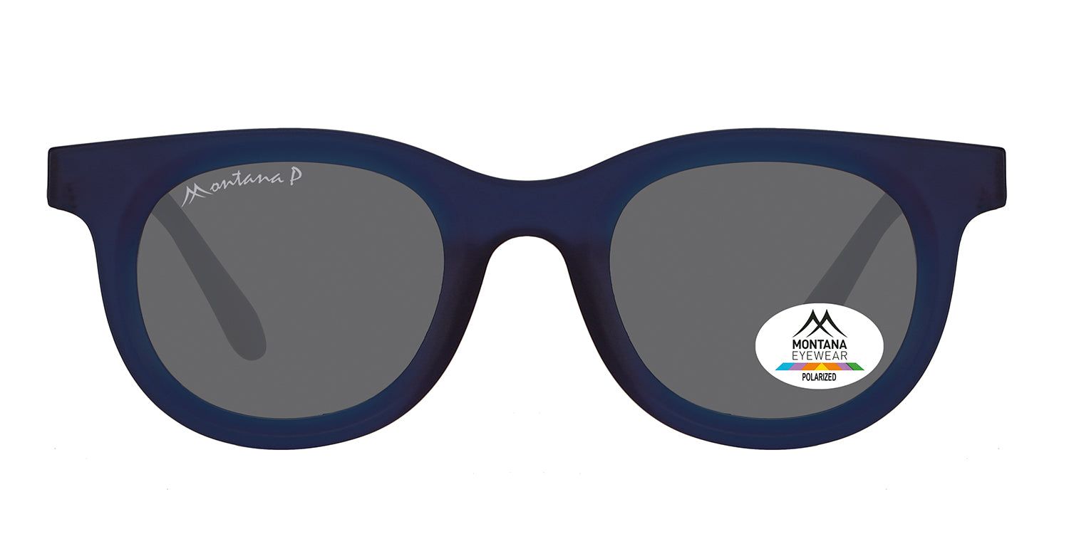 Blauwe zonnebril met grijze glazen. Montana Eyewear logo op montuur en glazen. Gepolariseerd.