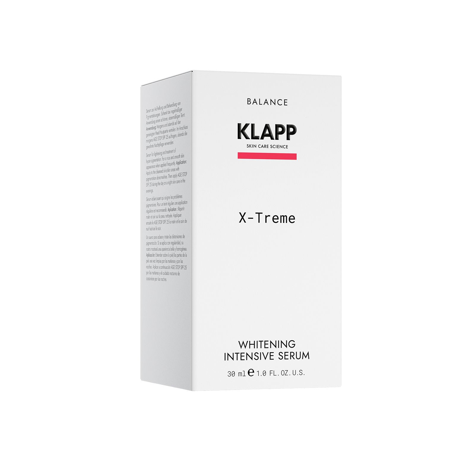 Boîte blanche avec informations produit. Inscription: KLAPP, X-Treme, Whitening Intensive Serum. 30 ml.