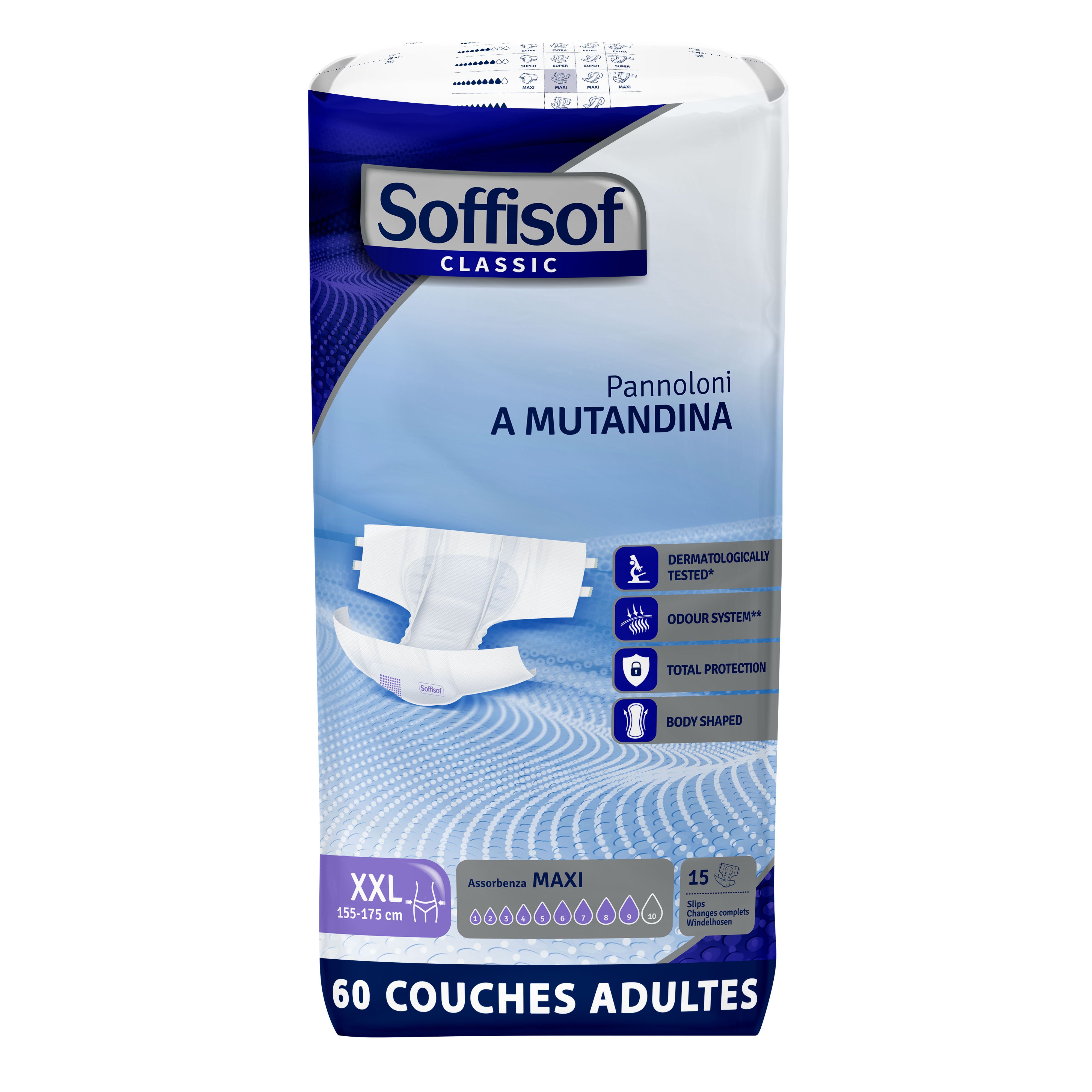 Soffisof Classic Maxi couches adultes, XXL, 60 pièces. L'emballage présente le produit et ses caractéristiques.