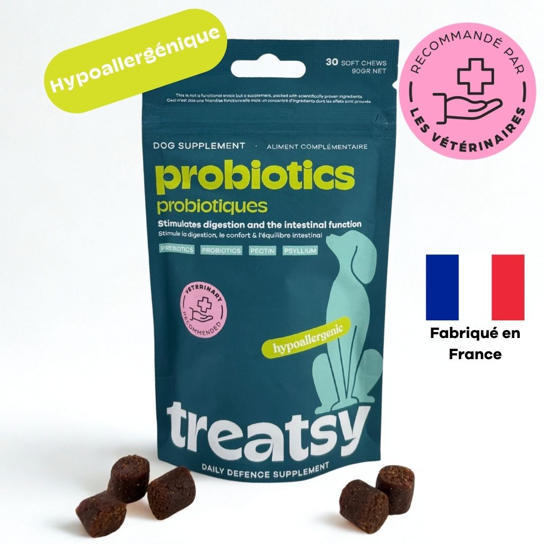 Sachet de probiotiques pour chiens. 30 friandises à mâcher. Hypoallergénique. Recommandé par les vétérinaires. Fabriqué en France.