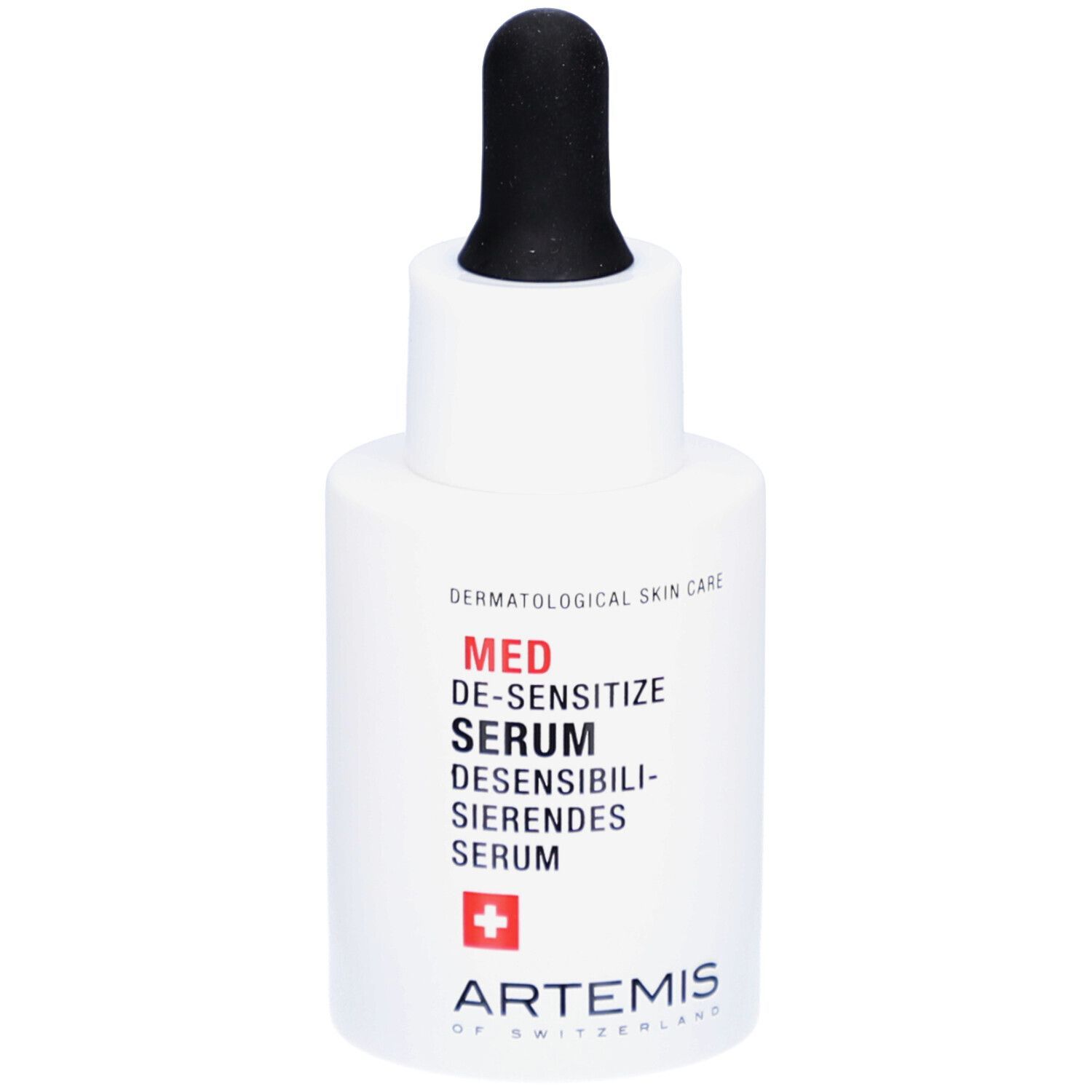 Flacon blanc avec pipette noire. Inscription: MED DE-SENSITIZE SERUM. Croix rouge et ARTEMIS.