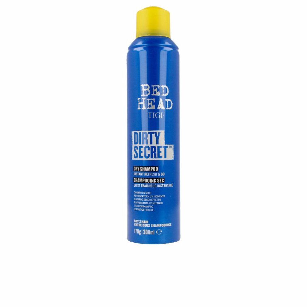 Blauwe spuitfles met gele dop. Bed Head Dirty Secret droogshampoo. Tekst op fles: Dry Shampoo, 179g/300ml.