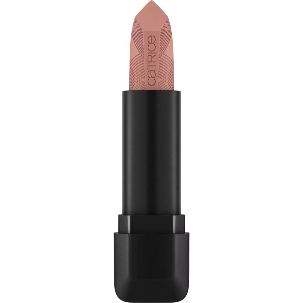 Rouge à lèvres Catrice. Boîtier noir, rouge à lèvres beige clair. Le nom "Catrice" est gravé sur le rouge.