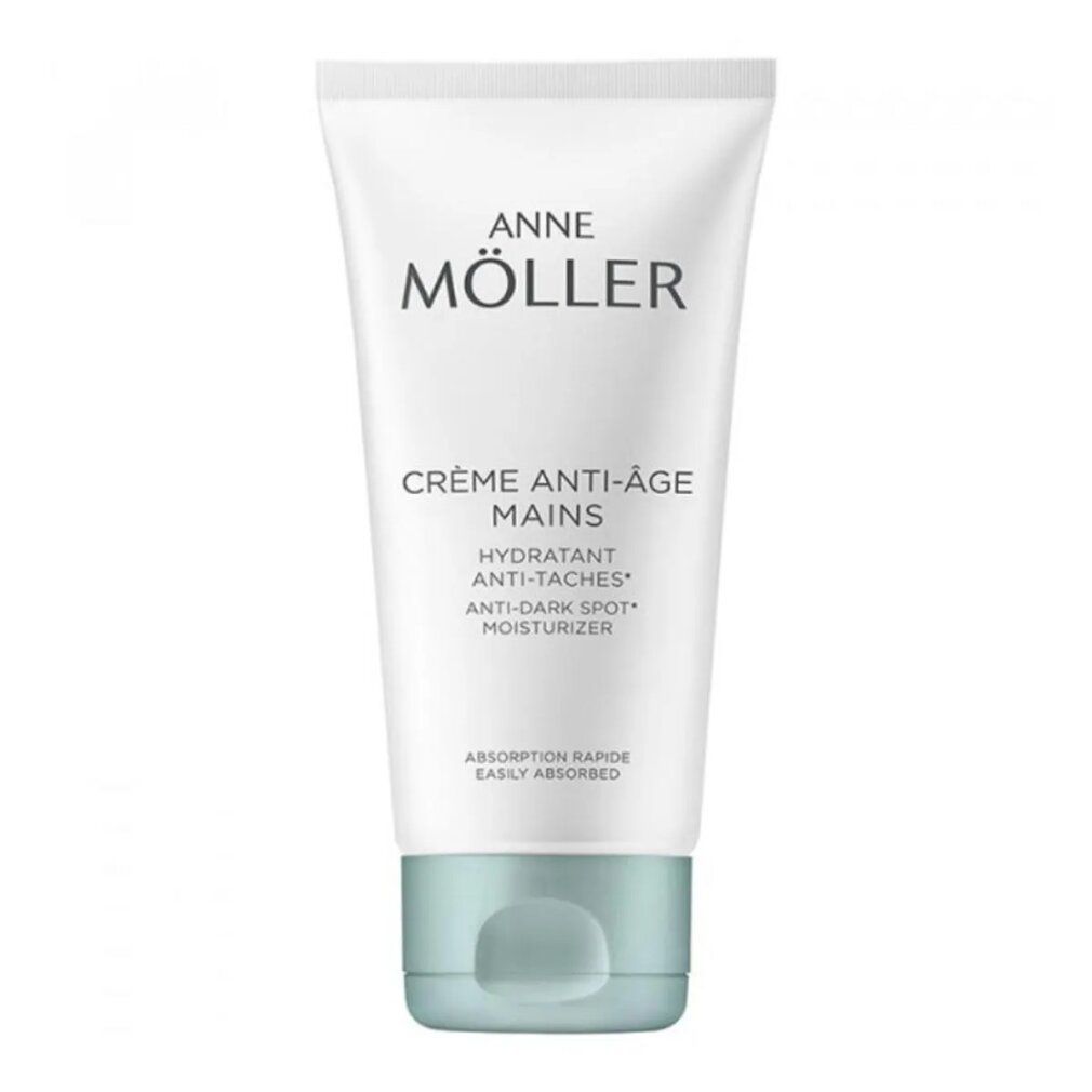 Witte tube met blauwe dop. Opschrift: ANNE MÖLLER, CRÈME ANTI-ÂGE MAINS, HYDRATANT ANTI-TACHES, ANTI-DARK SPOT, MOISTURIZER.
