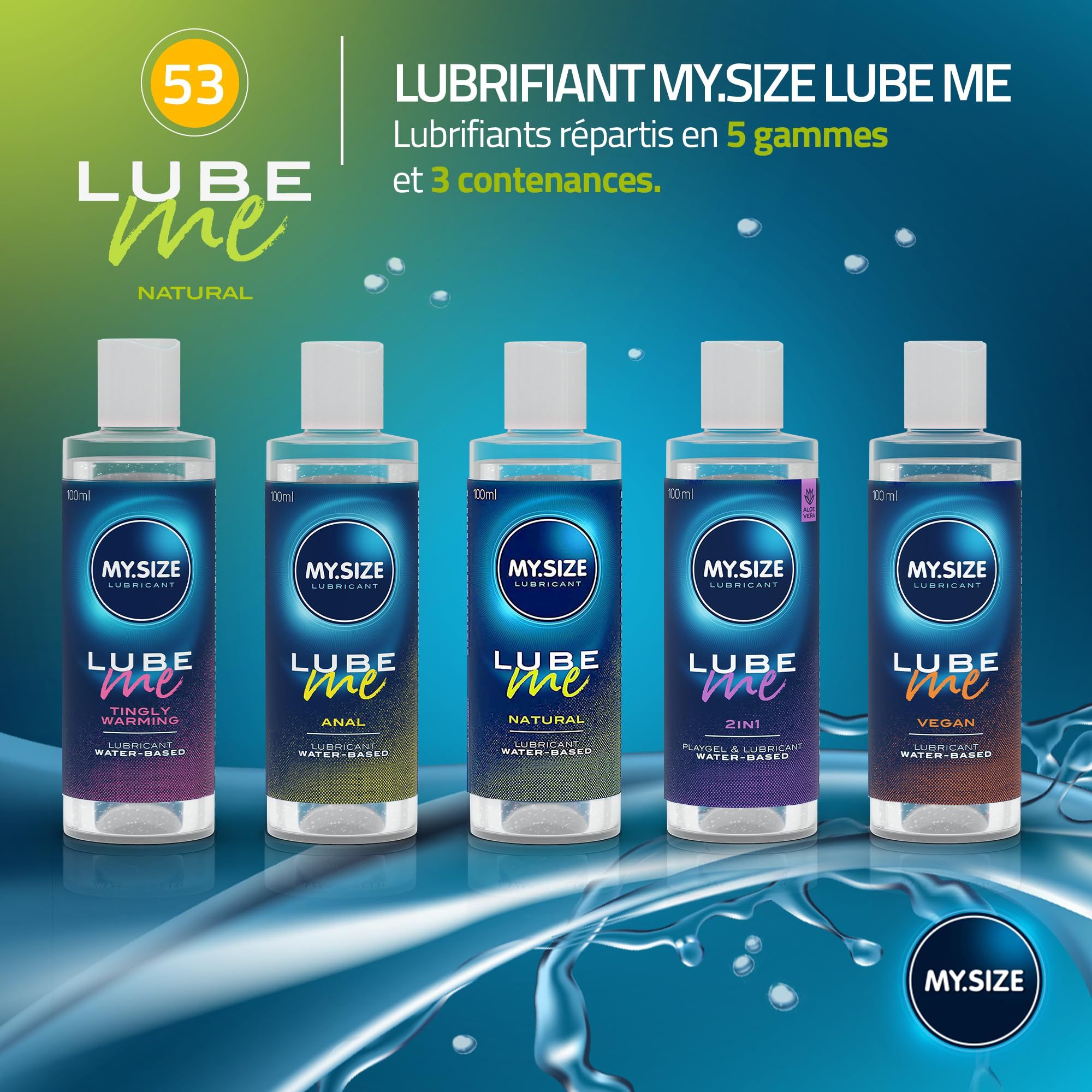 Vijf flessen MY.SIZE LUBE ME glijmiddel in verschillende varianten: Tingly Warming, Anal, Natural, 2in1, Vegan.