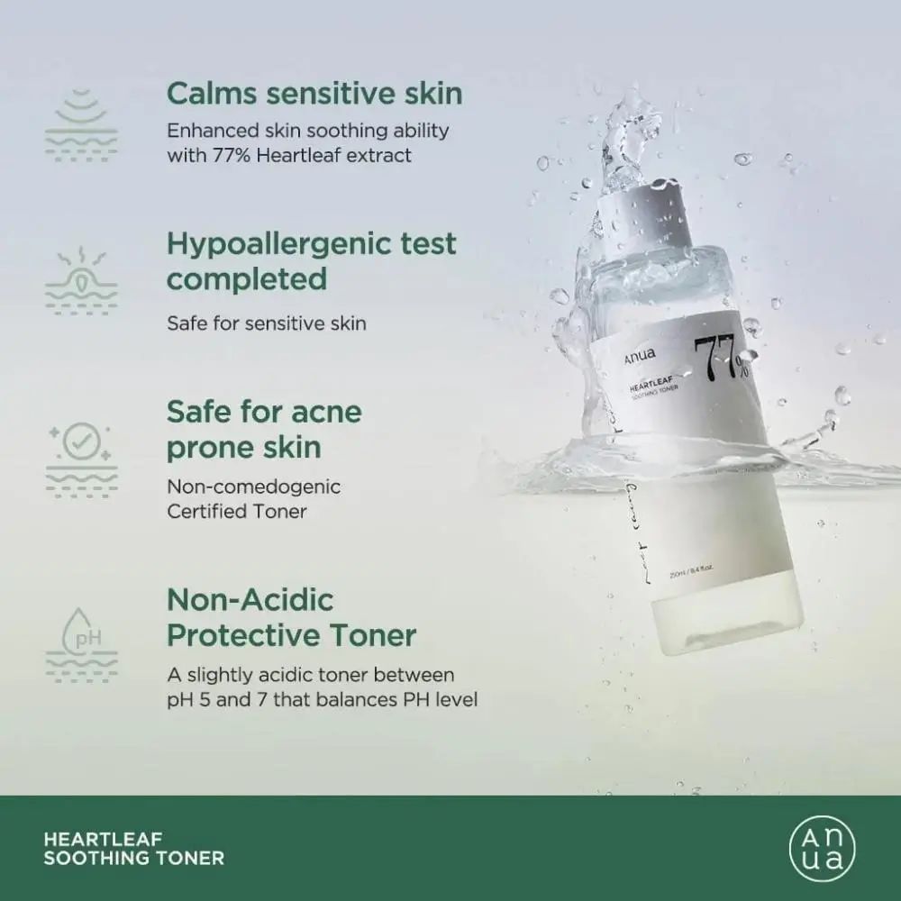 Product in water. Tekst: kalmeert gevoelige huid, hypoallergeen, veilig voor acne, niet zuur.