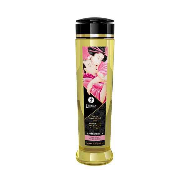 Shunga Massageolie Aphrodisia Rozen in gouden fles met zwarte dop.