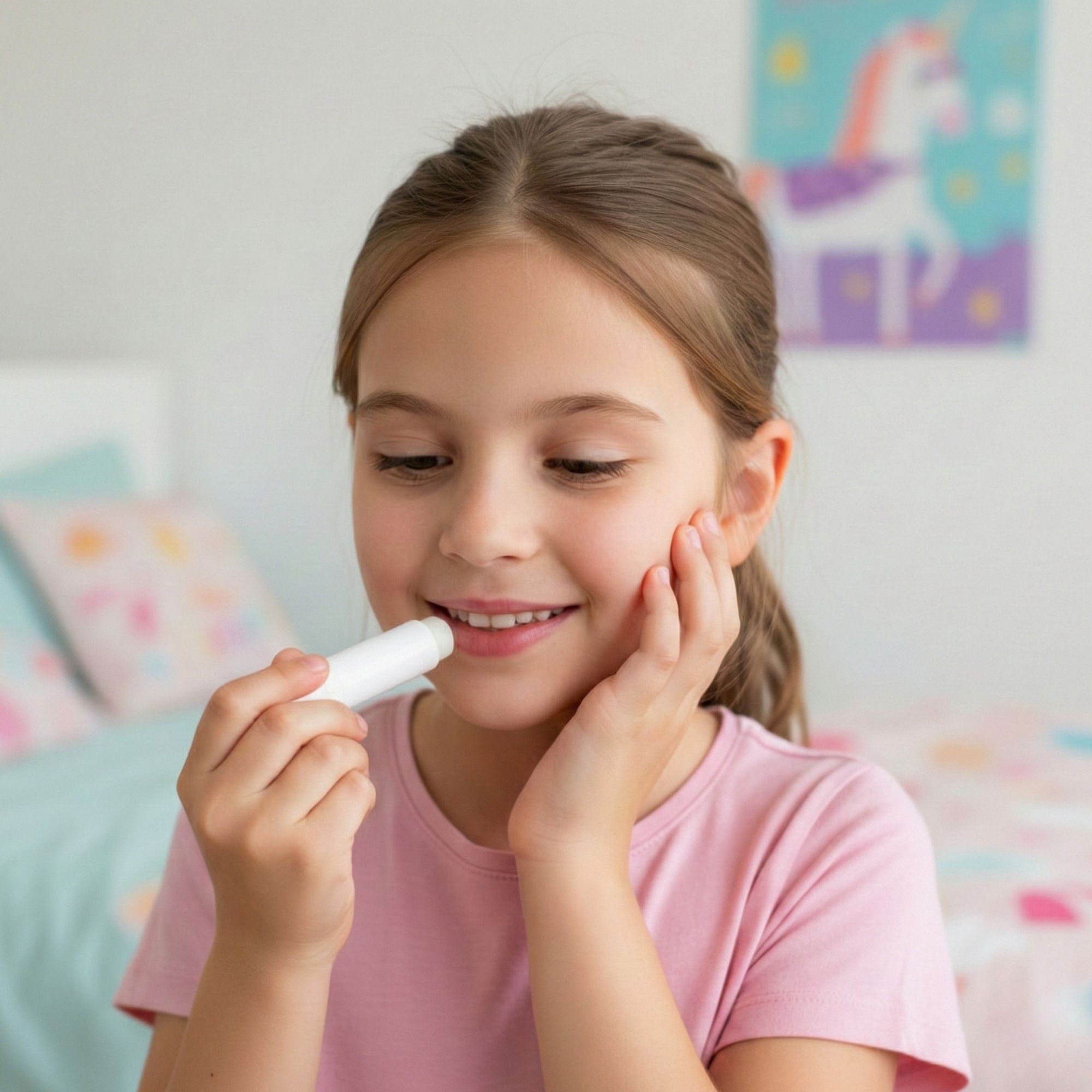 Meisje brengt lippenbalsem aan. Witte lippenbalsem in de hand. Meisje glimlacht. Achtergrond: bed en muur met eenhoorn afbeelding.