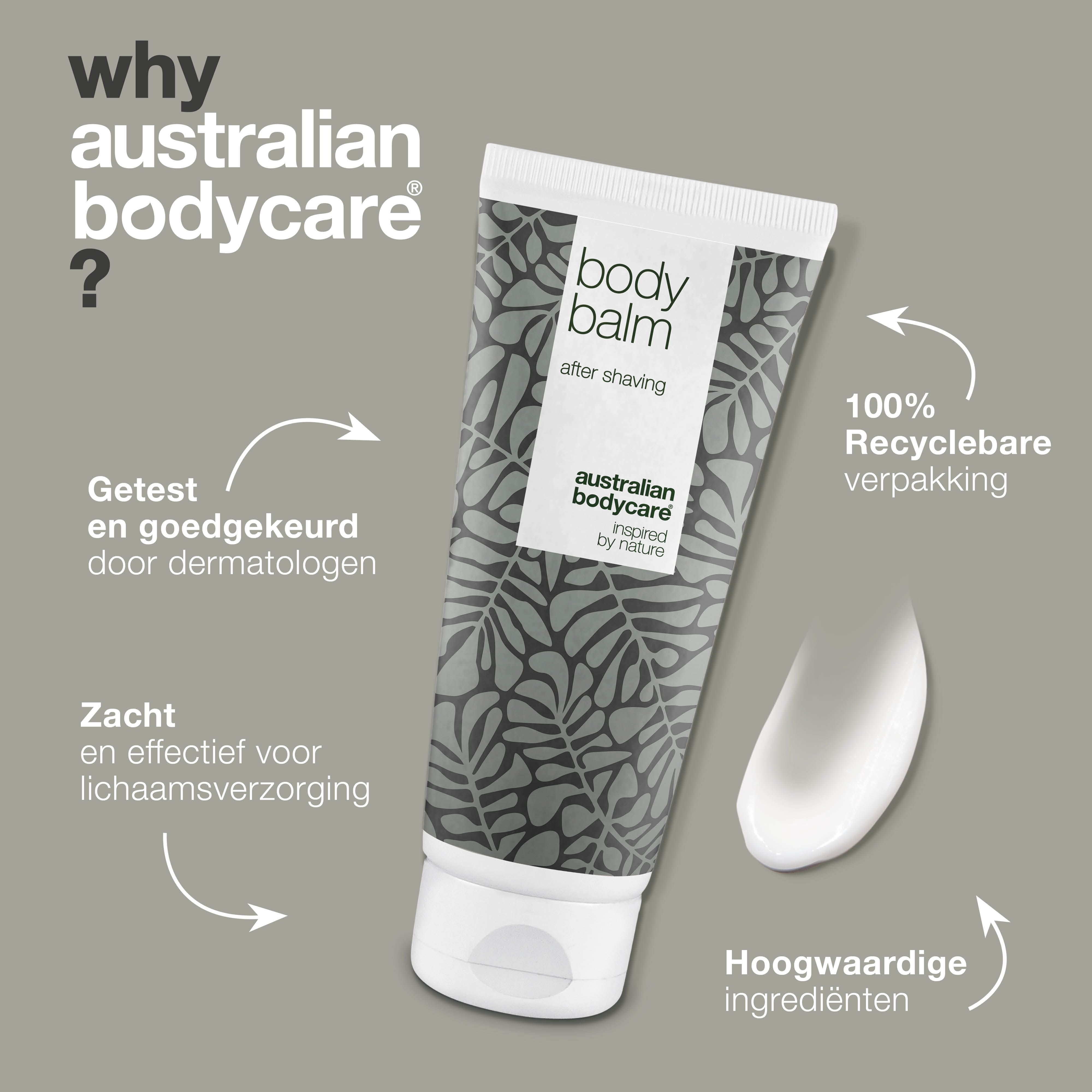 Tube aftershavebalsem met tekst. Opschrift: Body Balm, After Shaving, Australian Bodycare, geïnspireerd door de natuur.