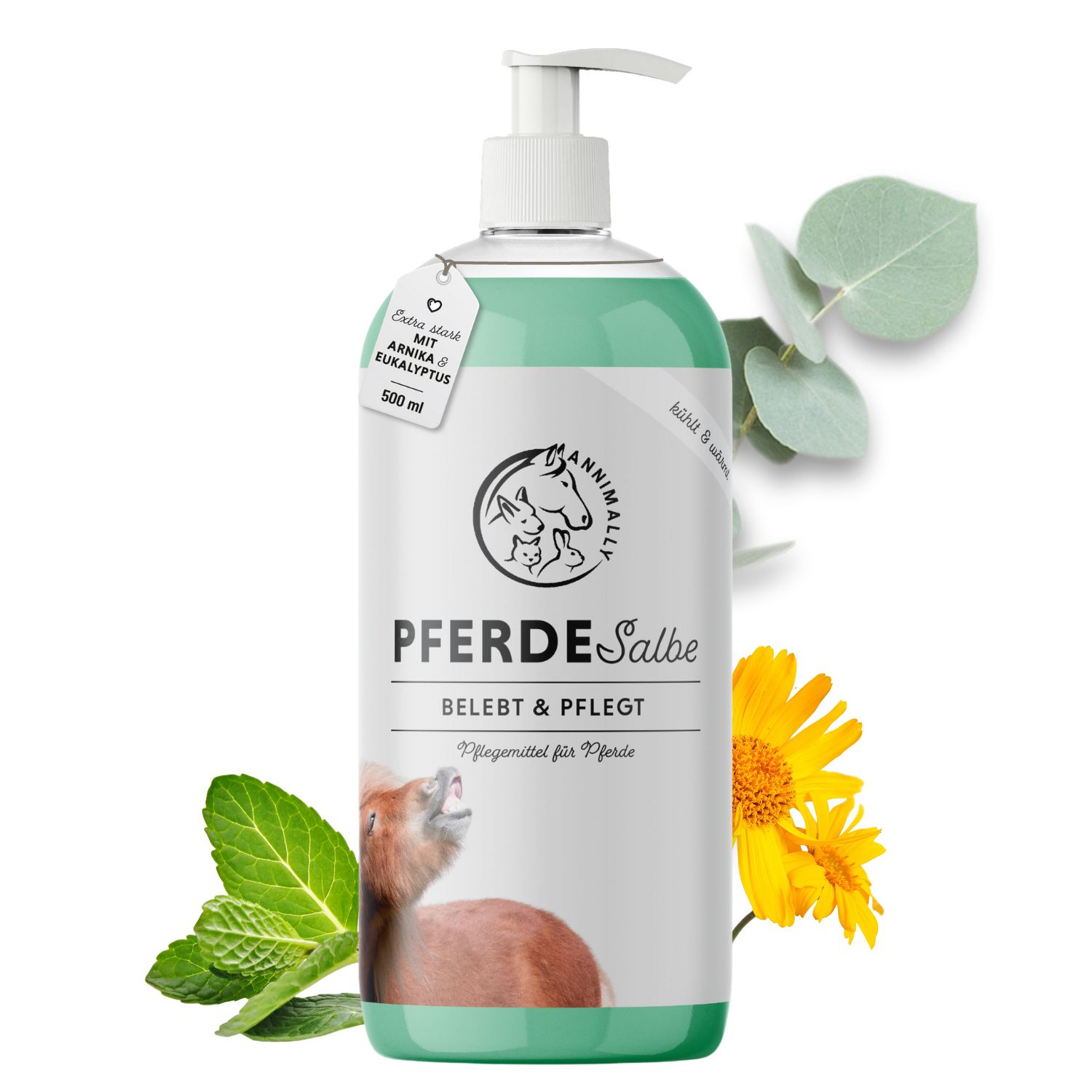 Groene fles met pomp. Label met tekst en logo. Label met tekst. Zonnebloem en bladeren.