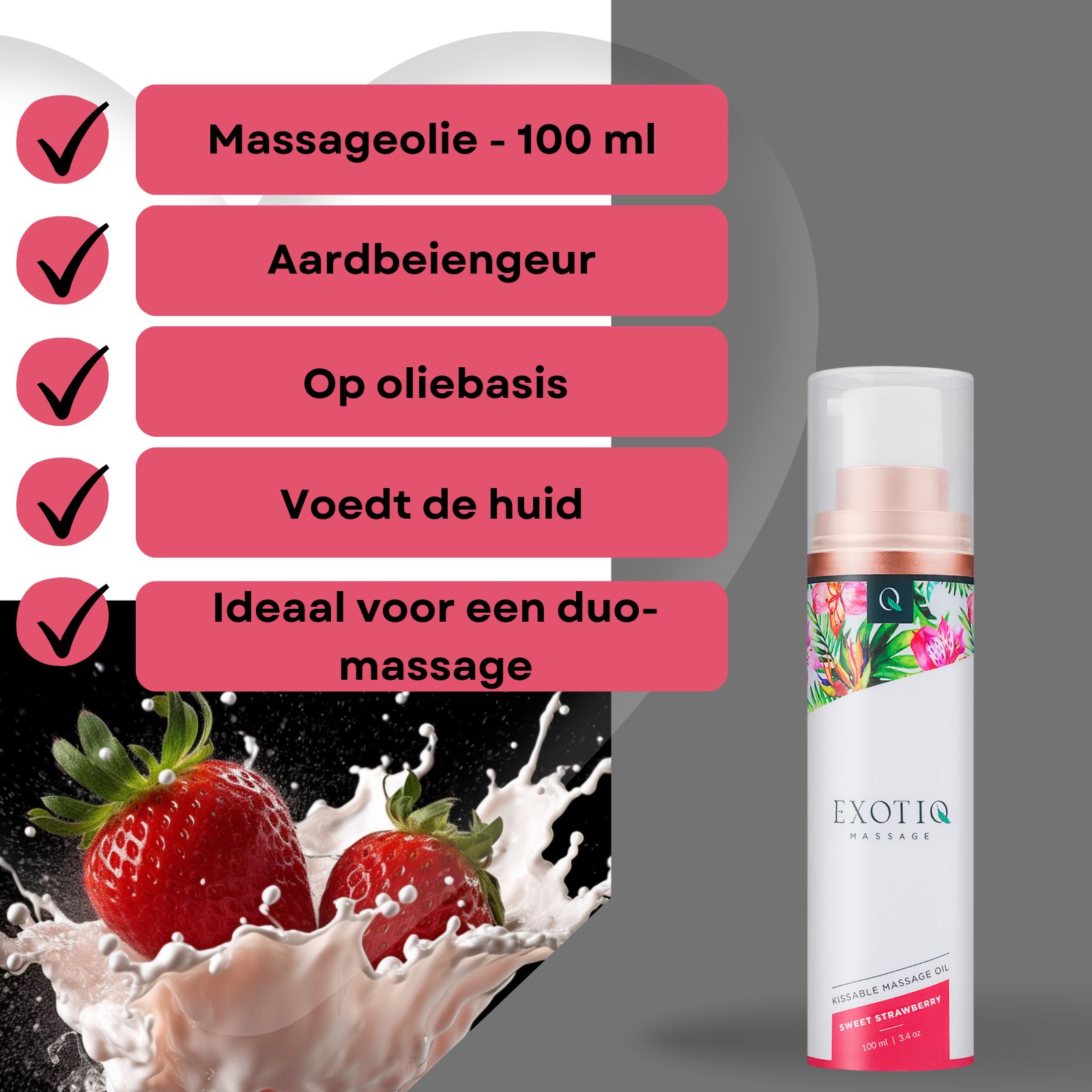 Product advertentie. Massageolie fles naast aardbeien en melkspetters. Tekst: Massageolie, aroma Aardbei.