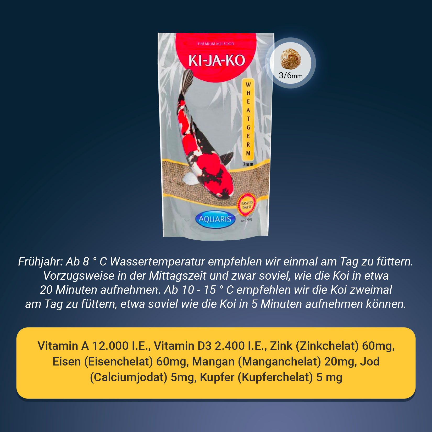 Verpakking van KI-JA-KO visvoer. Bevat informatie over voedingsaanbevelingen en ingrediënten.