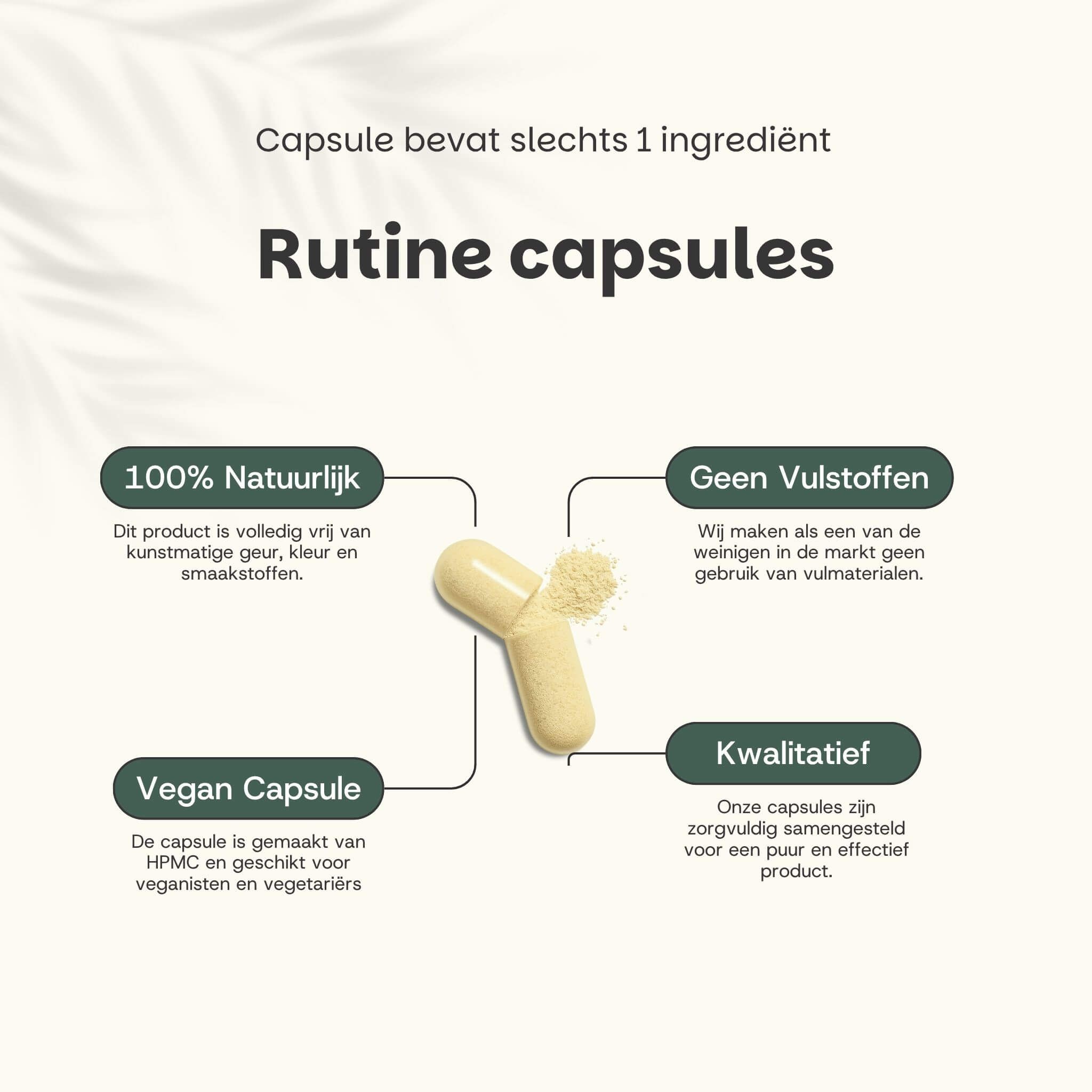 Capsule met inhoud. Tekst: 100% natuurlijk, geen vulstoffen, vegan capsule, kwalitatief.