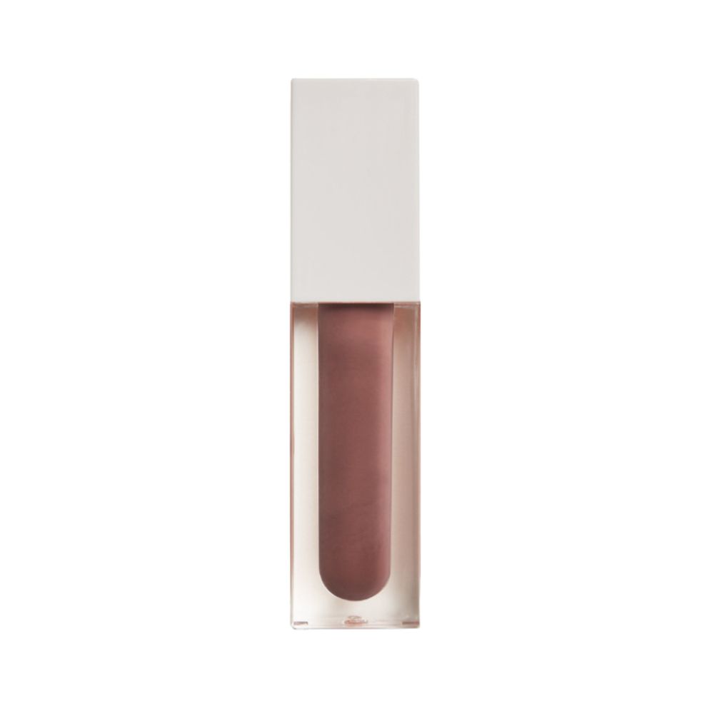 Tube de gloss transparent avec bouchon blanc. Contenu rose-brun visible.