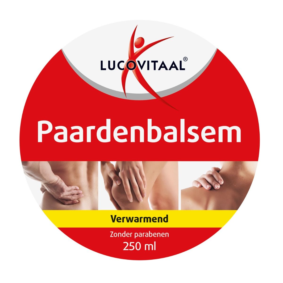 Autocollant rond avec Lucovitaal et Paardenbalsem. Fond rouge, texte blanc. Illustration de mains. Texte : Verwarmend, 250 ml.