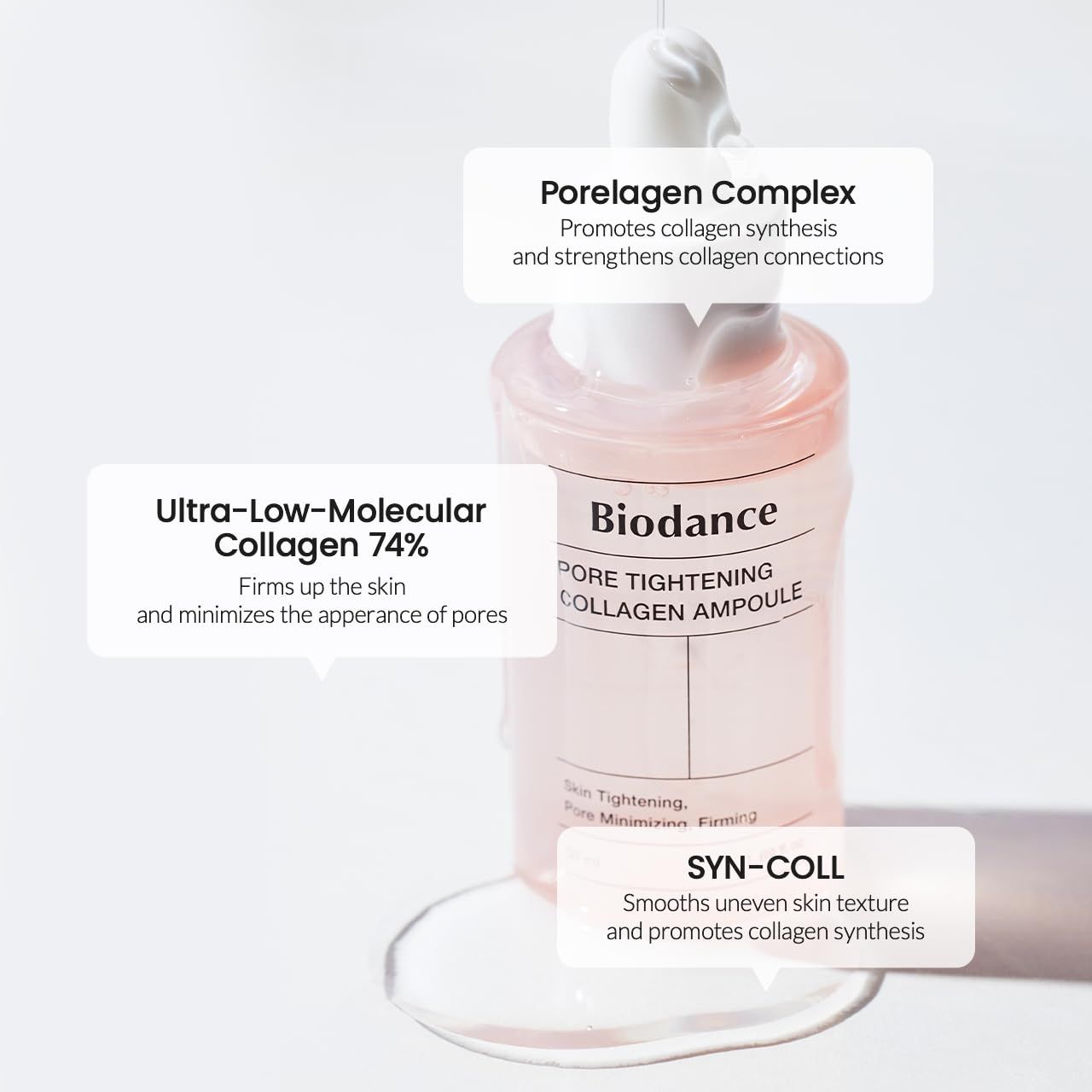 Roze fles met witte dop. Opschrift: Biodance Pore Tightening Collagen Ampoule. Informatieve teksten.