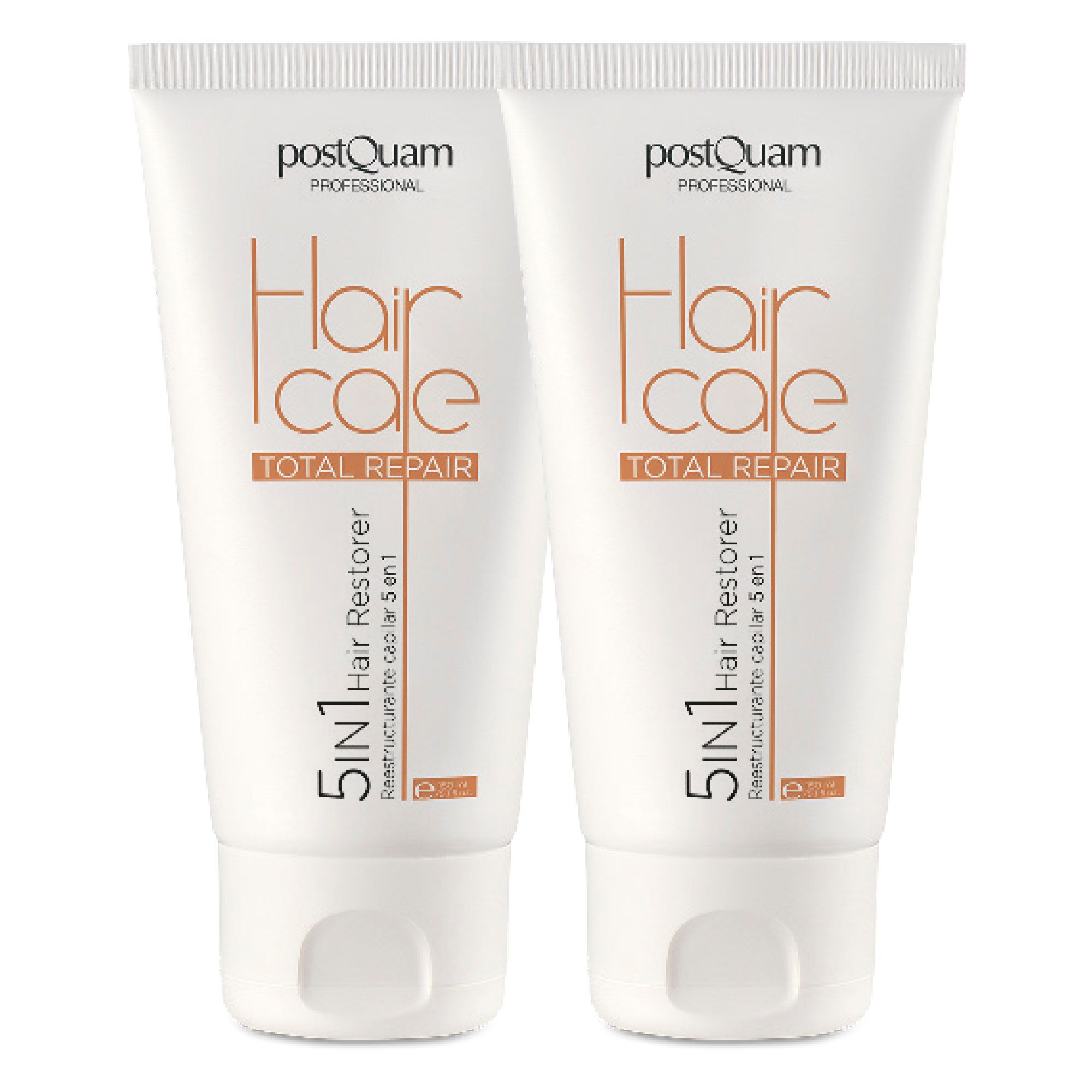 Twee witte tubes met gouden opdruk. Tekst: Hair Care Total Repair, 5 in 1 Hair Restorer. Merk: Postquam.