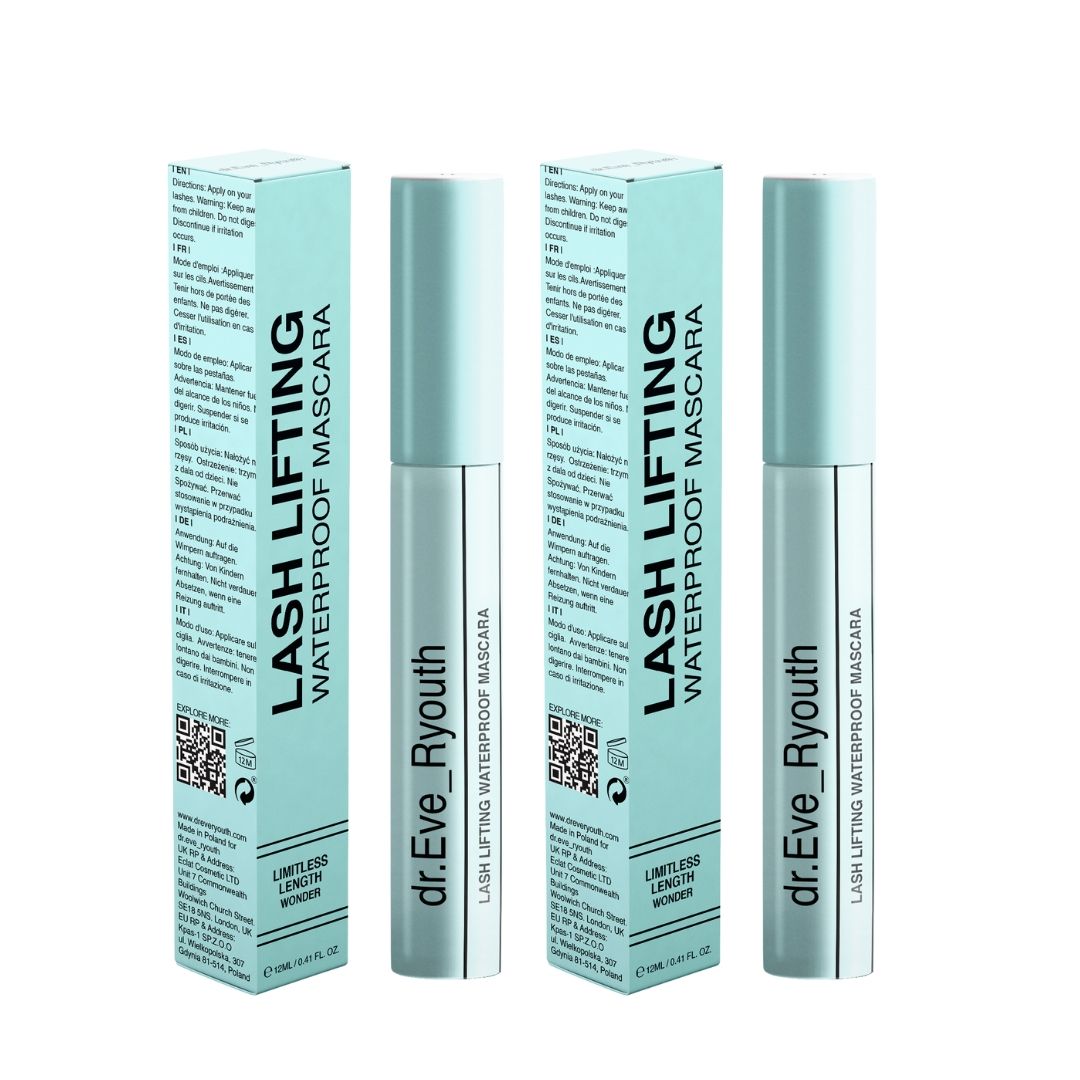 Twee verpakkingen "Lash Lifting Waterproof Mascara" van dr.Eve_Ryouth, elk met een mascara en een doosje.