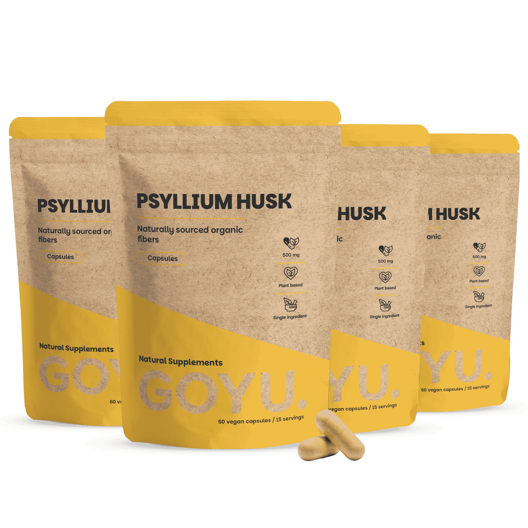 Vier verpakkingen psyllium husk capsules, natuurlijk gewonnen.