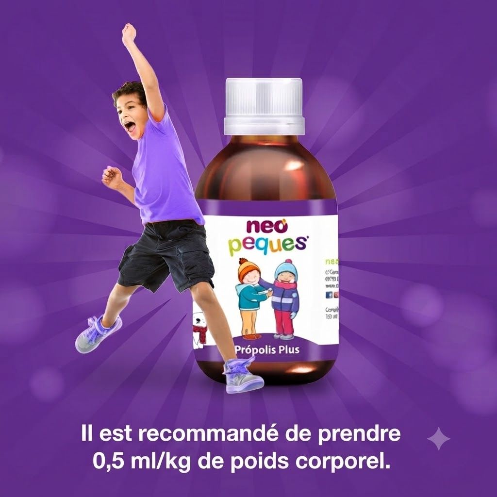Flacon en verre brun avec bouchon blanc, étiquette avec des enfants et inscription 'neo peques Propolis Plus'.