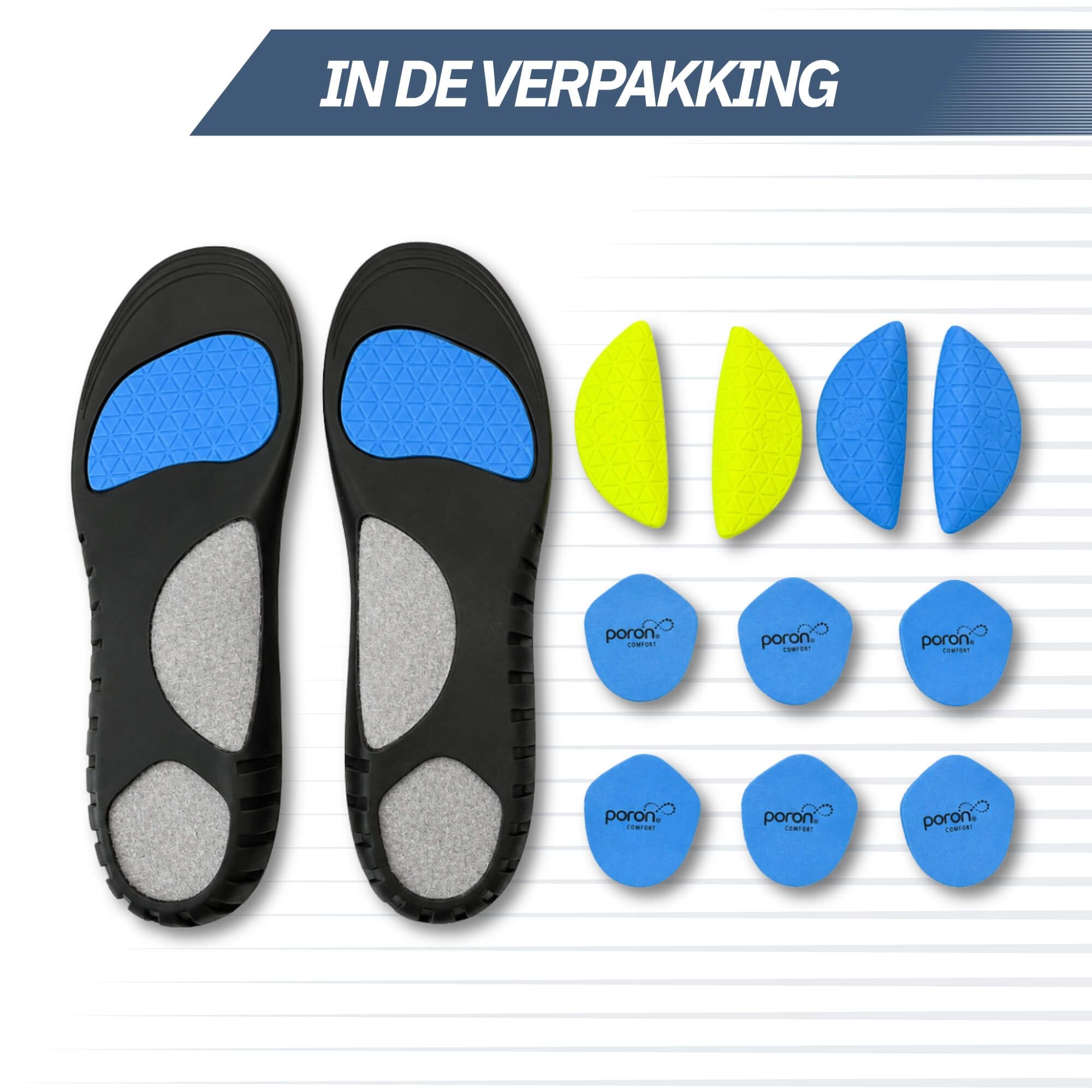 Une paire de semelles orthopédiques, une au-dessus, une en dessous, avec des coussinets bleus et gris.