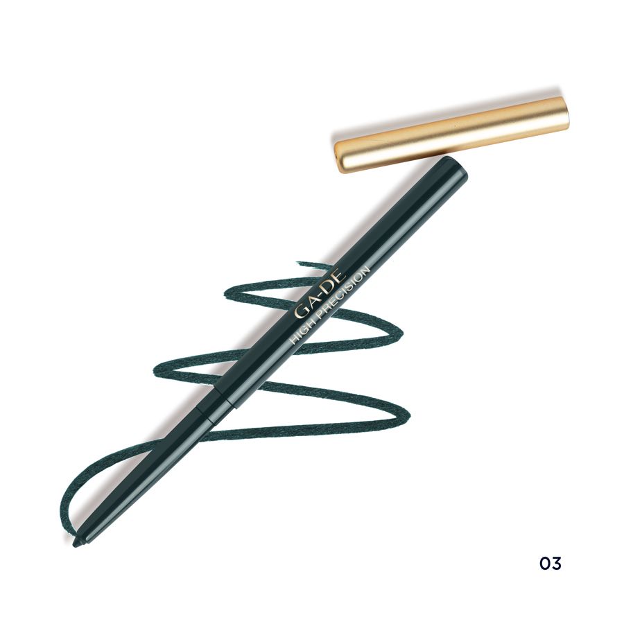 Zwarte eyeliner met gouden dop en streep. Opschrift: GA-DE HIGH PRECISION.
