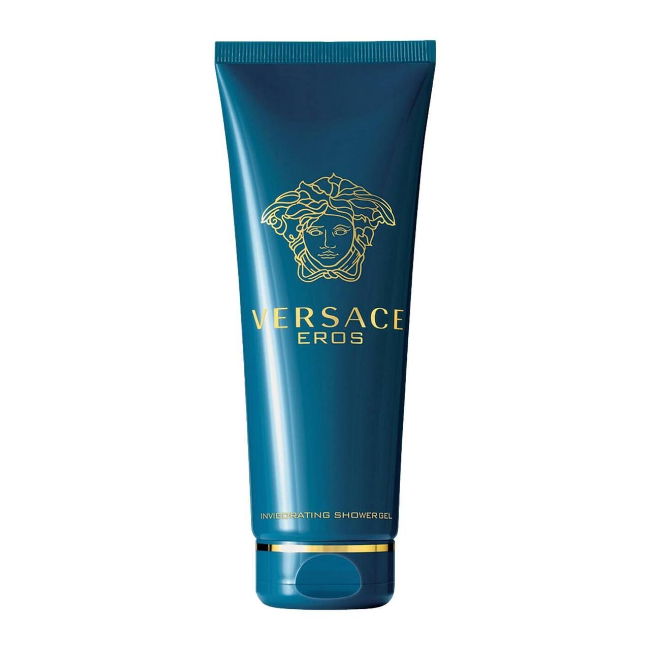 Verkwikkende douchegel Versace Eros in een blauwe tube, vooraanzicht.