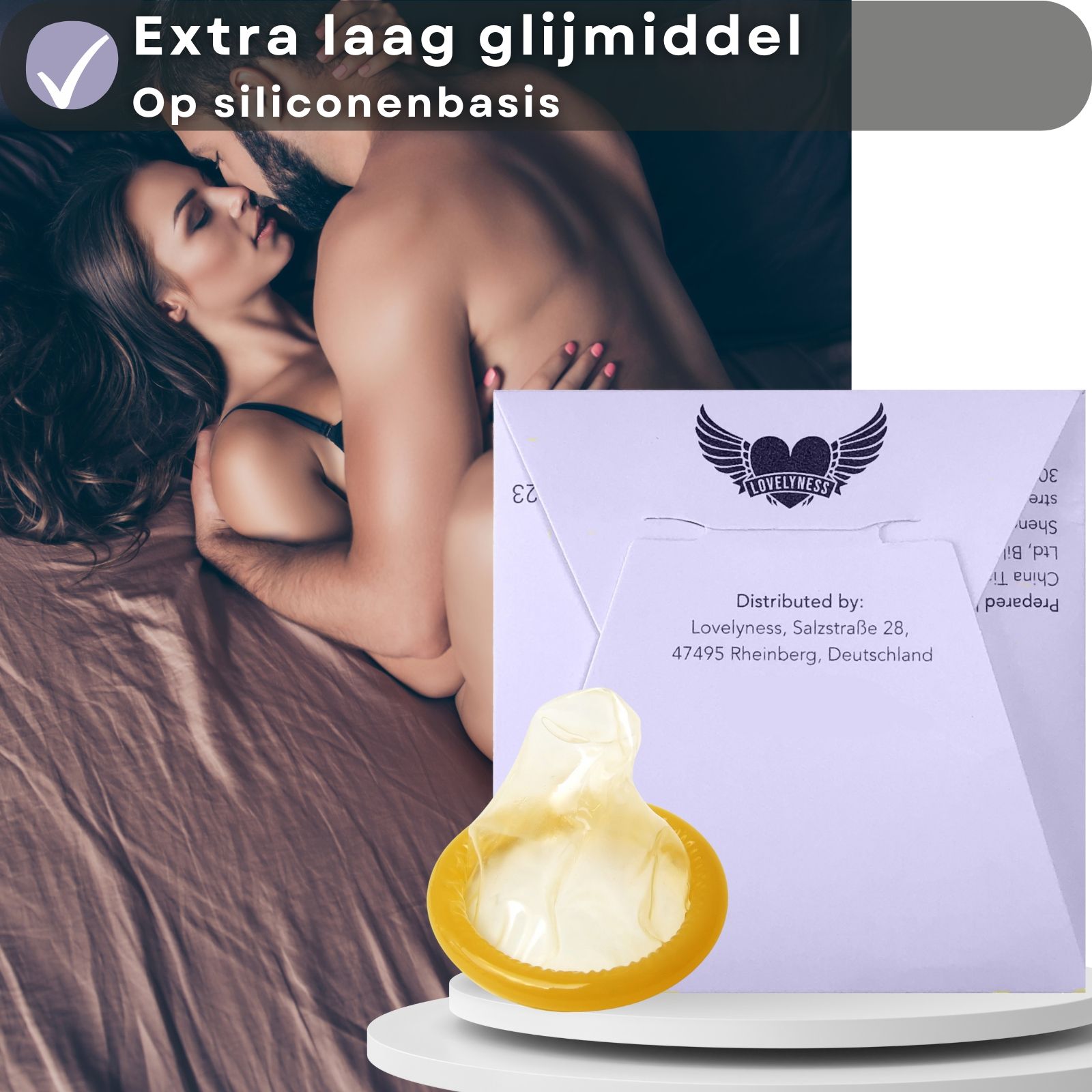 Condooms met bosbessmaak, lengte 190 mm, nominale breedte 52 mm. Individueel verpakt.