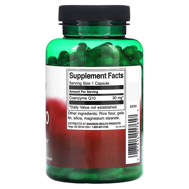 Dos d'une bouteille verte. Étiquette avec informations nutritionnelles. Contient Coenzyme Q10, 30 mg. Ingrédients: farine de riz, gélatine, silice, stéarate de magnésium.