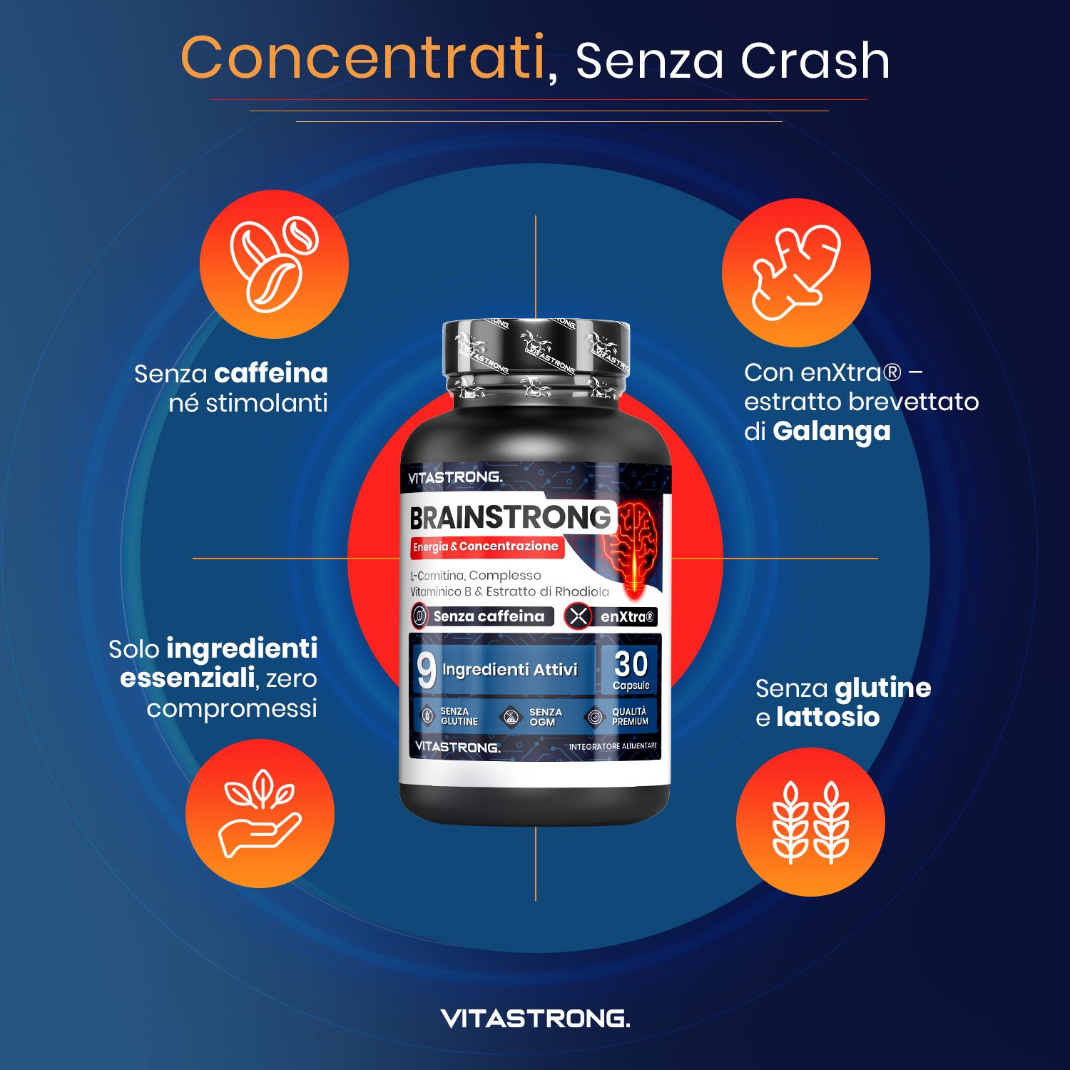 Brainstrong fles met 30 capsules. Tekst: 9 actieve ingrediënten, zonder cafeïne, zonder gluten en lactose. Diagram met ingrediënten.