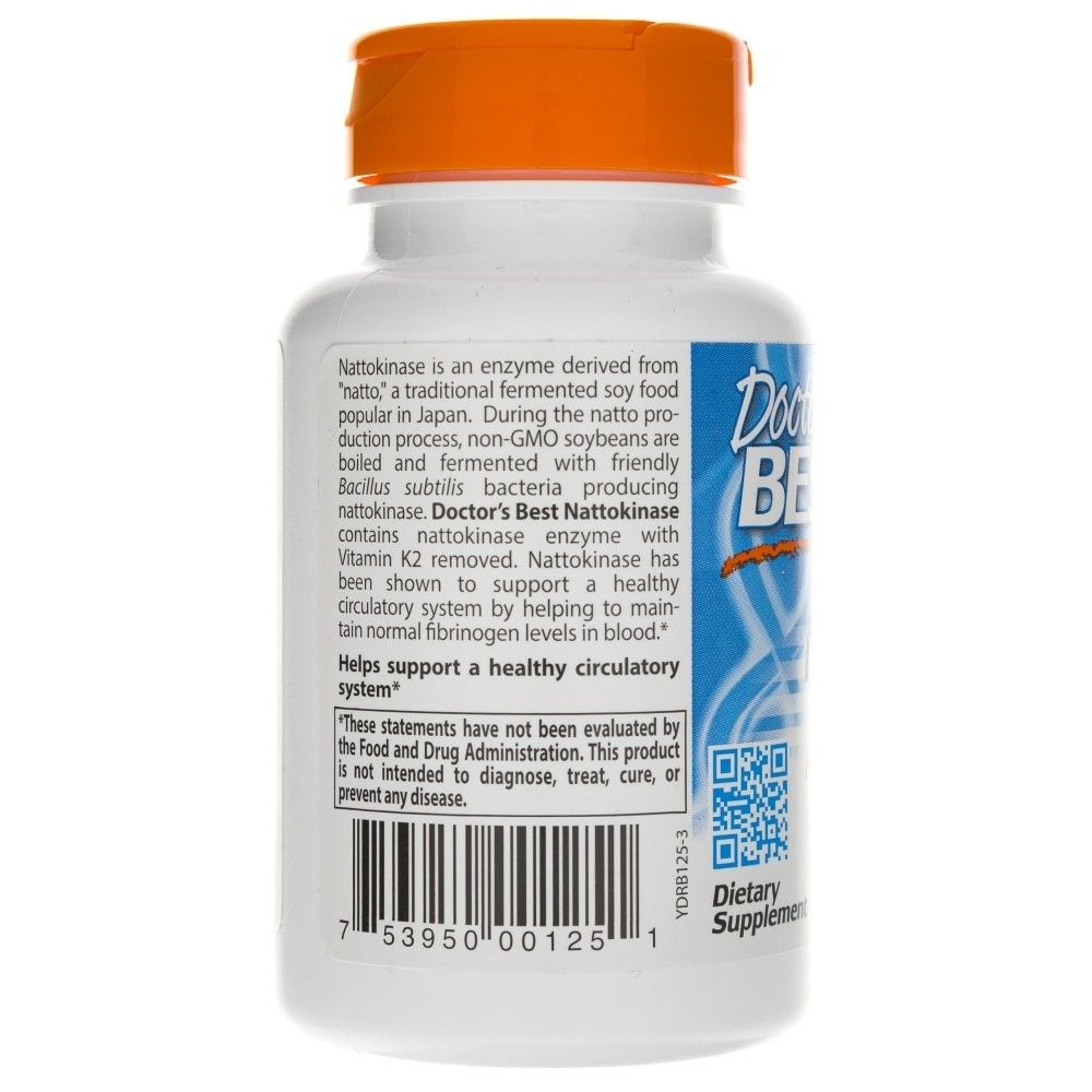 Dos du contenant Doctor's Best Nattokinase 2.000 FU avec description du produit et code-barres.