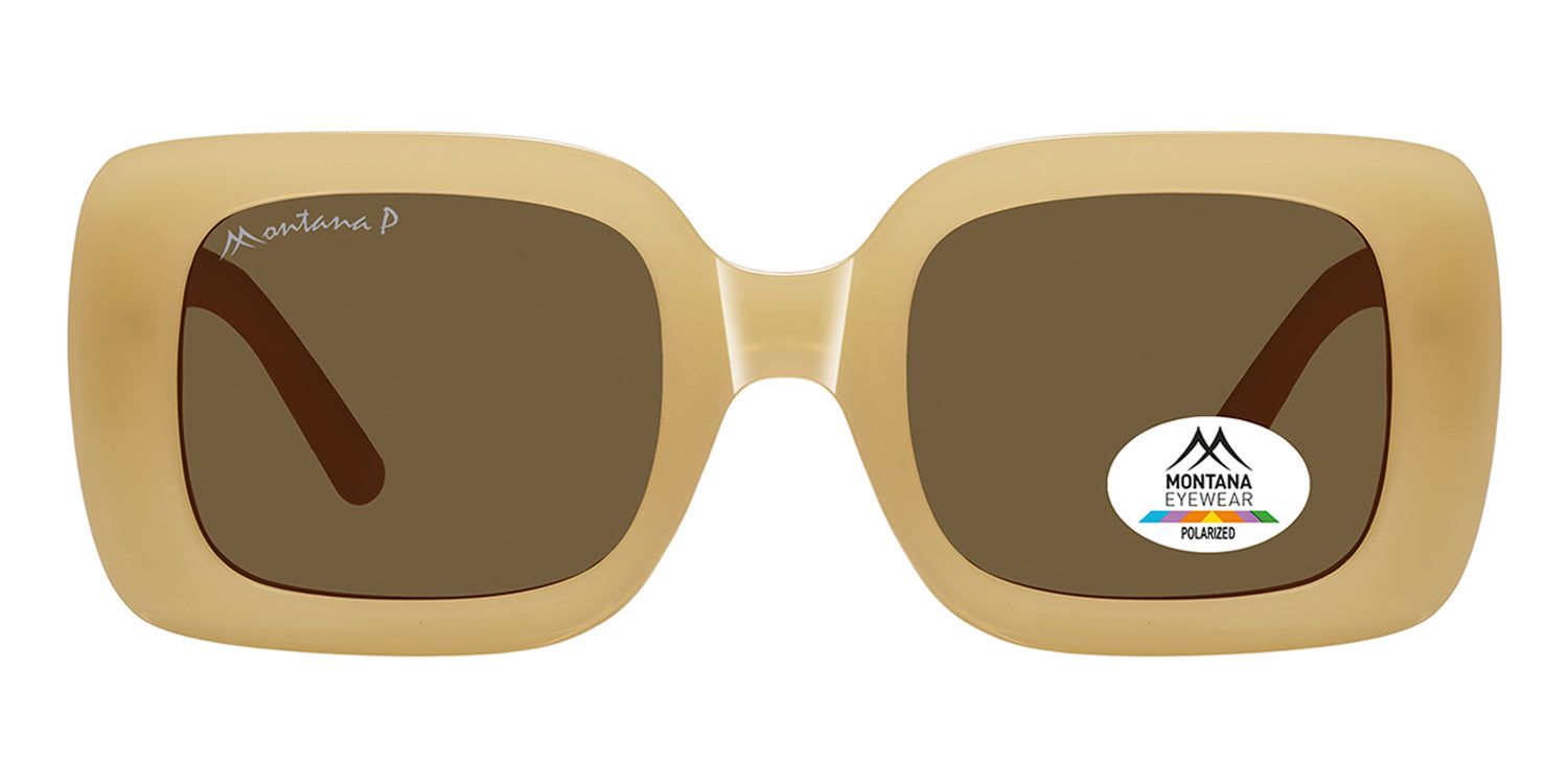 Lunettes de soleil beiges à verres bruns. Forme carrée, logo Montana Eyewear sur la branche et le verre. Polarisées.