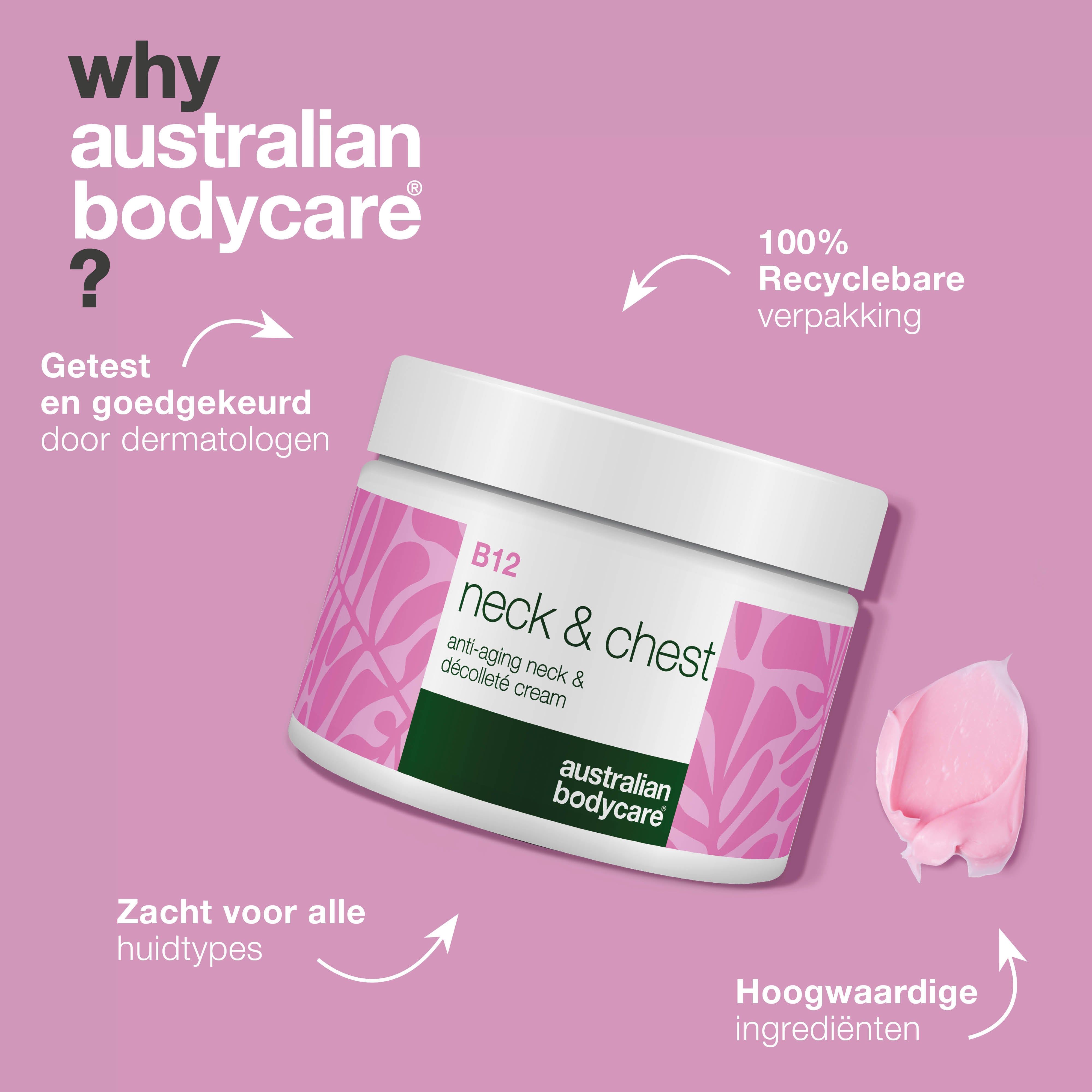 Crèmepot met tekst. Tekst: dermatologisch getest, 100% recyclebare verpakking. Australian Bodycare.
