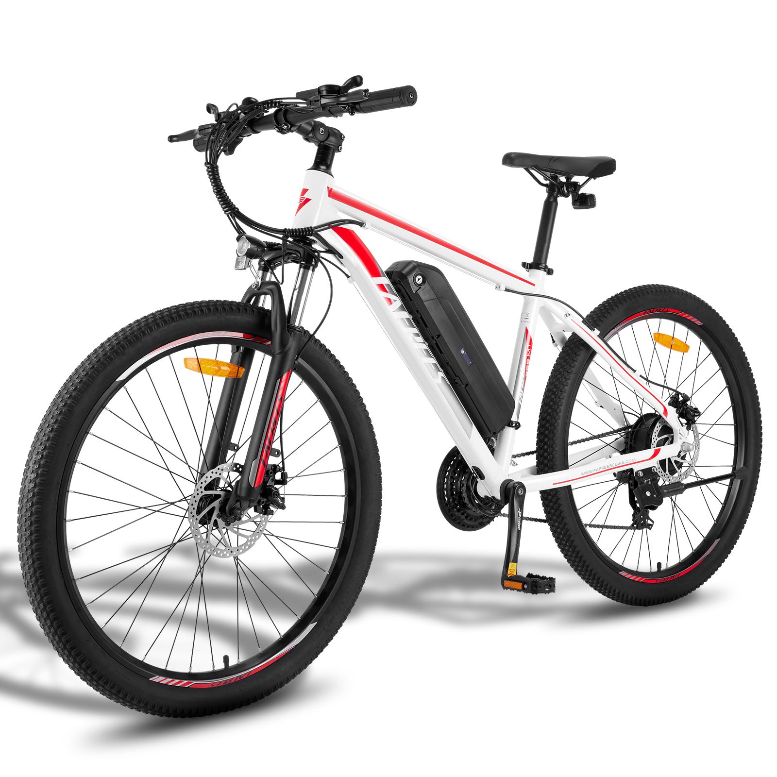 VTT électrique blanc avec accents rouges. Pneus, fourche et guidon noirs. Batterie sur le cadre.