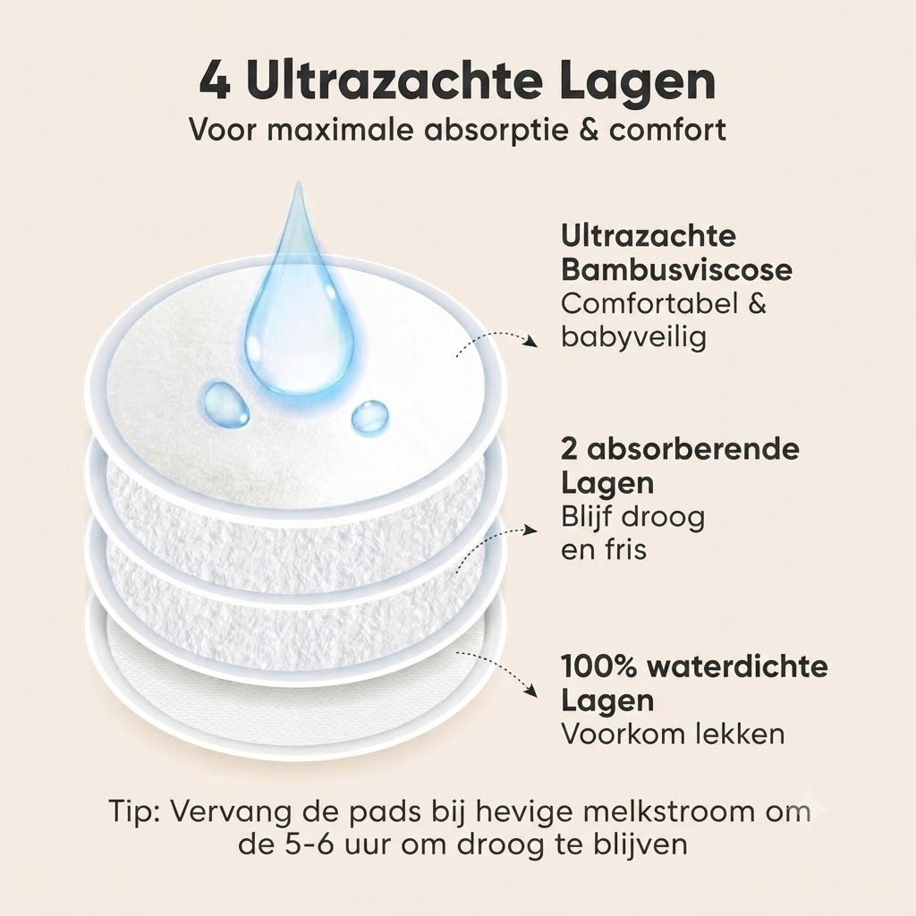Vierlagige zoogcompressen van bamboe viscose voor maximale absorptie en comfort. Waterdichte buitenlaag.