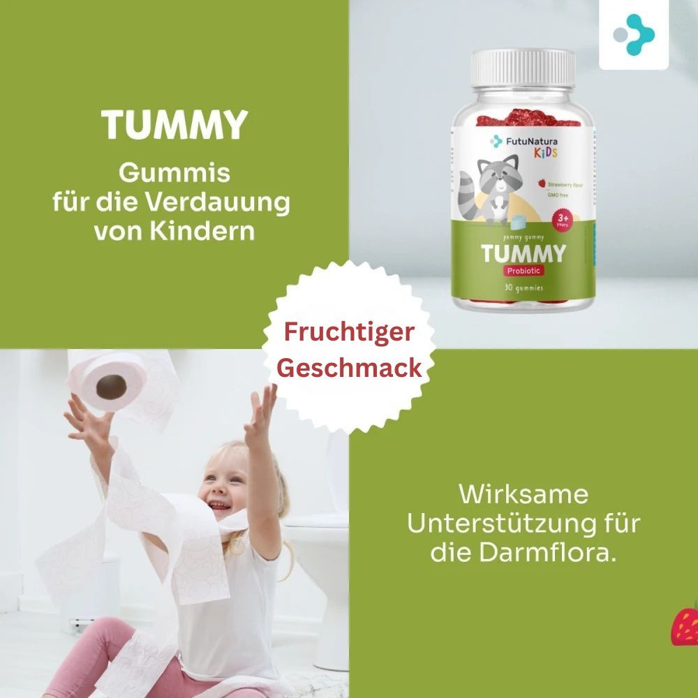 FutuNatura Tummy Kindergummies. Flacon avec bonbons, enfant jouant avec du papier toilette. Texte : Goût fruité, soutien efficace.