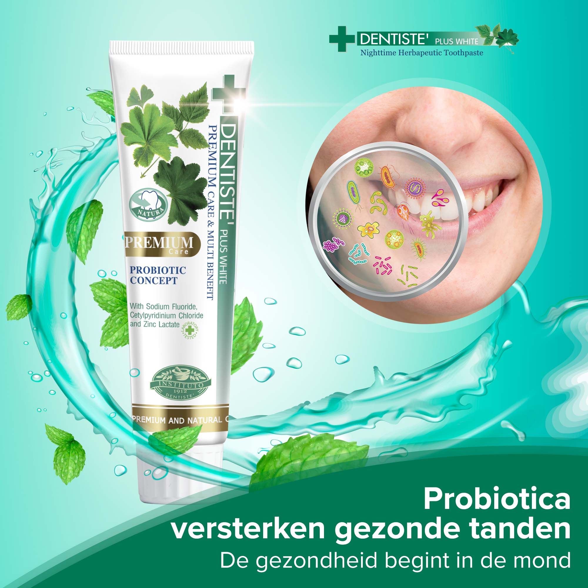 Tandpastatube met groene bladeren en de tekst "Dentiste Plus White Premium Probiotic Concept".